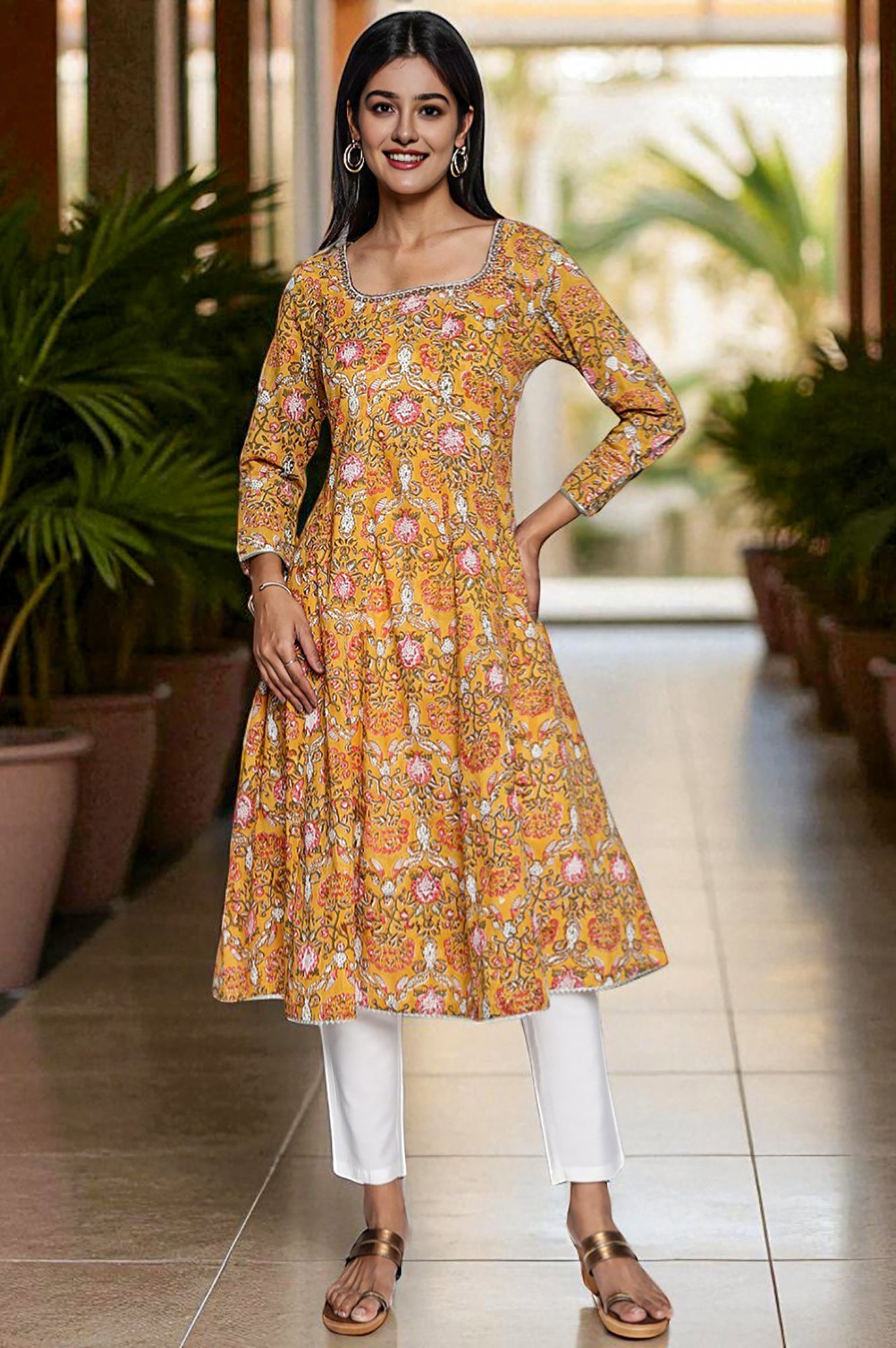 Mustard Printed Pure Cotton Flared Kurta