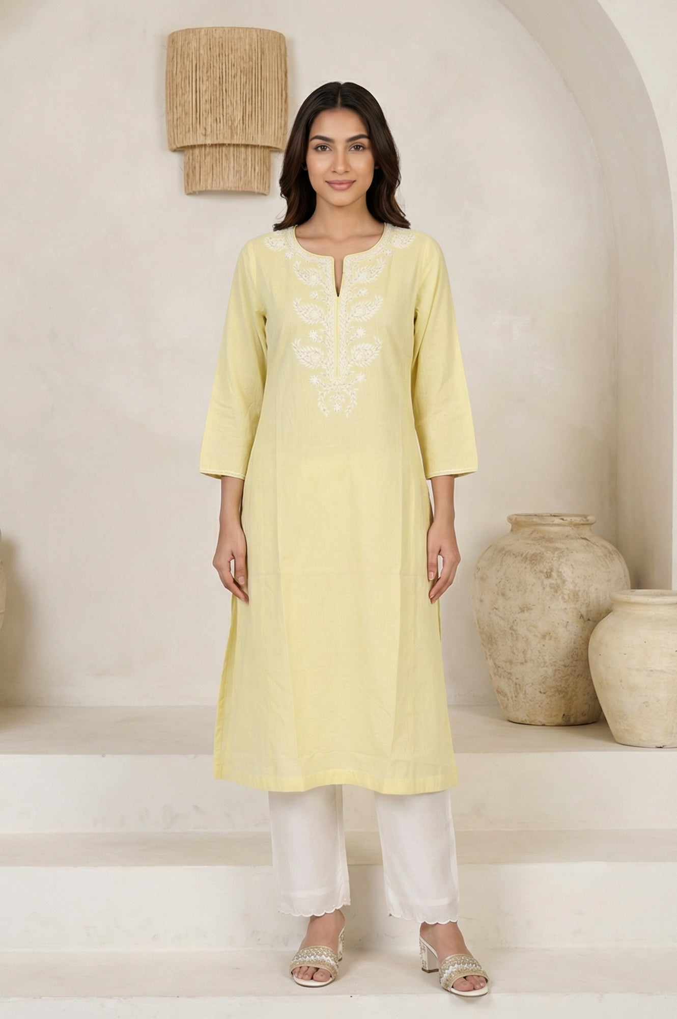Yellow Chikankari Pure Cotton Straight Kurta