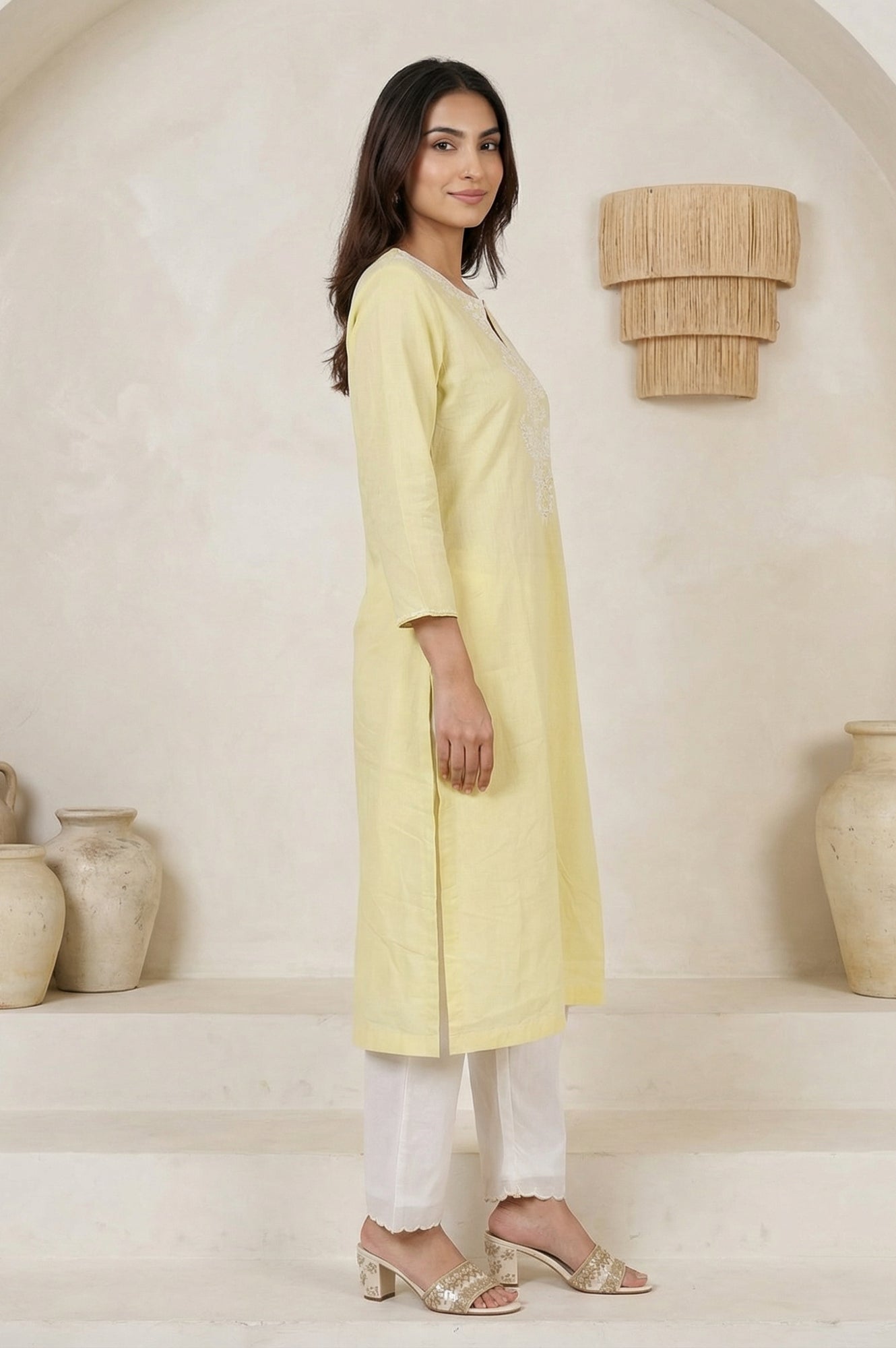 Yellow Chikankari Pure Cotton Straight Kurta