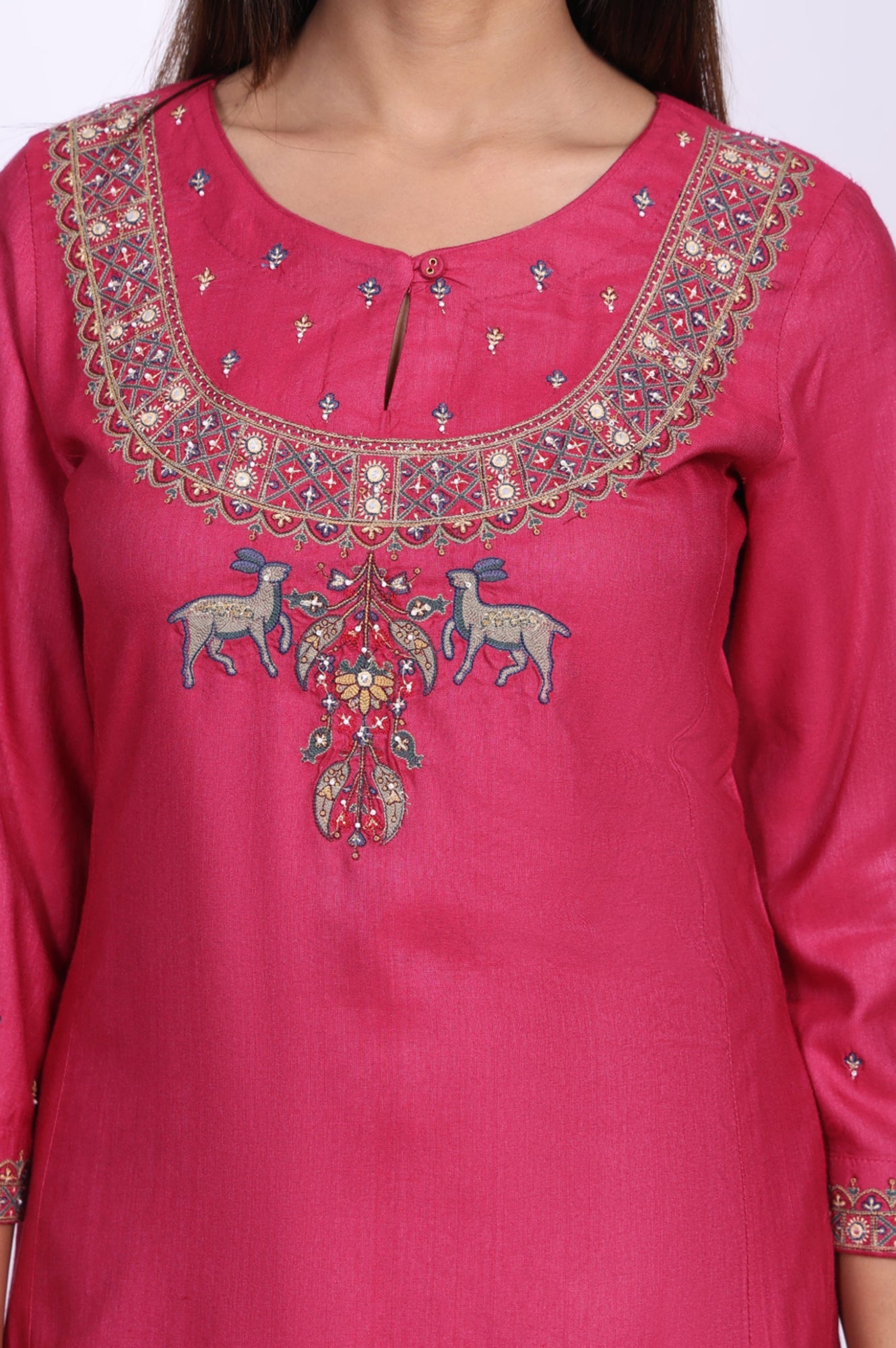 Magenta Mirror Embroidered Tussar Silk Straight Kurta