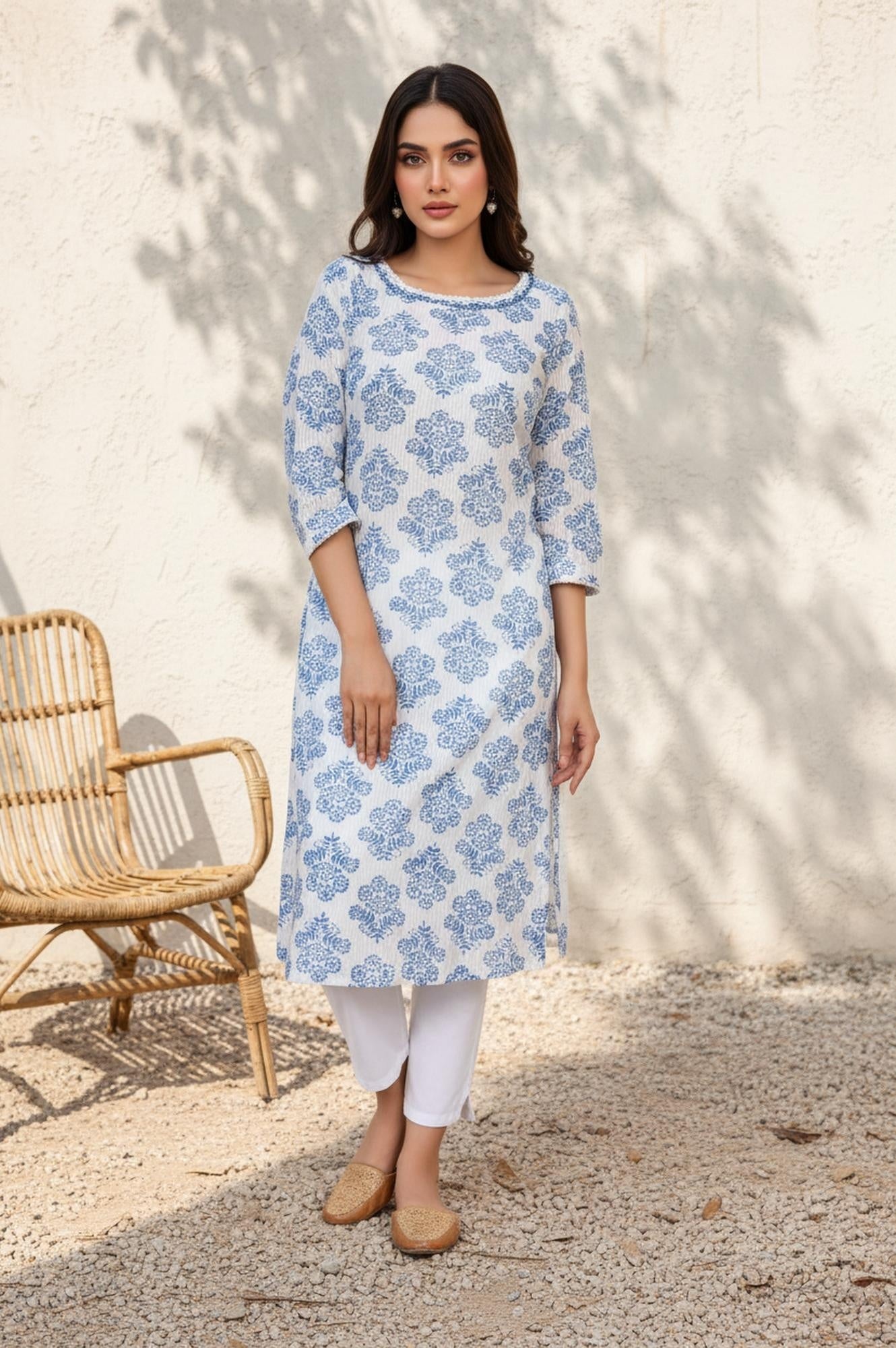 White Floral Straight Cotton Kurta