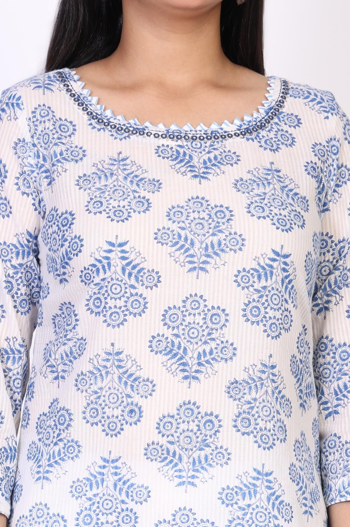 White Floral Straight Cotton Kurta