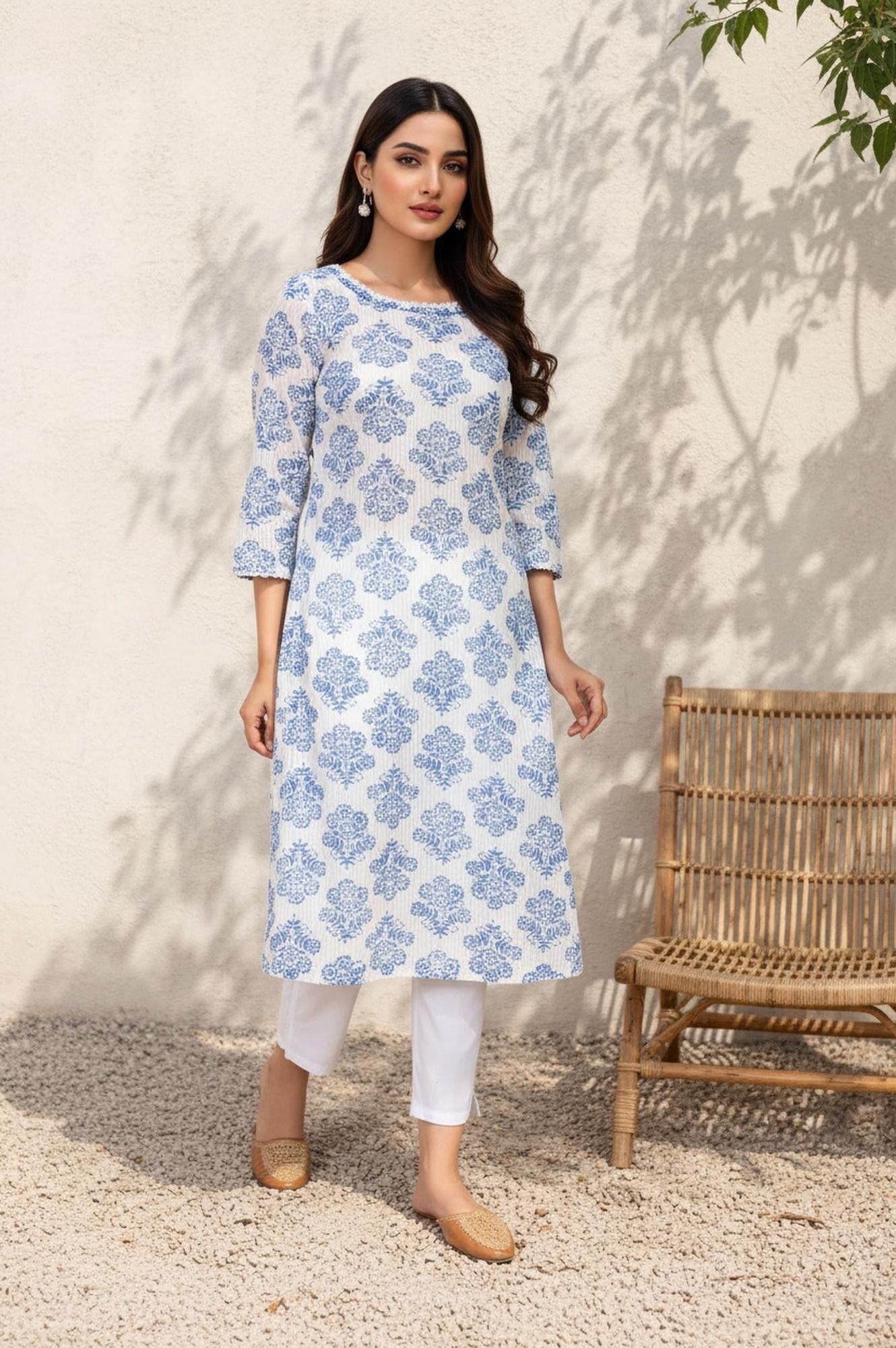 White Floral Straight Cotton Kurta