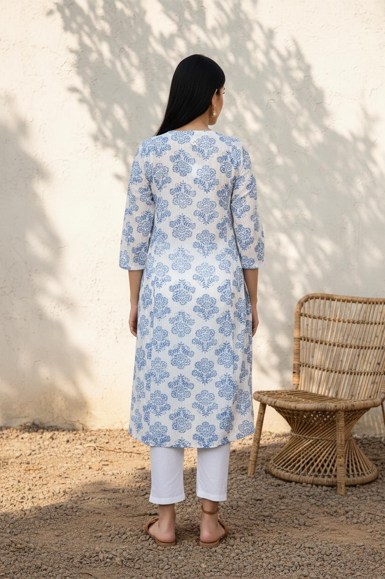 White Floral Straight Cotton Kurta