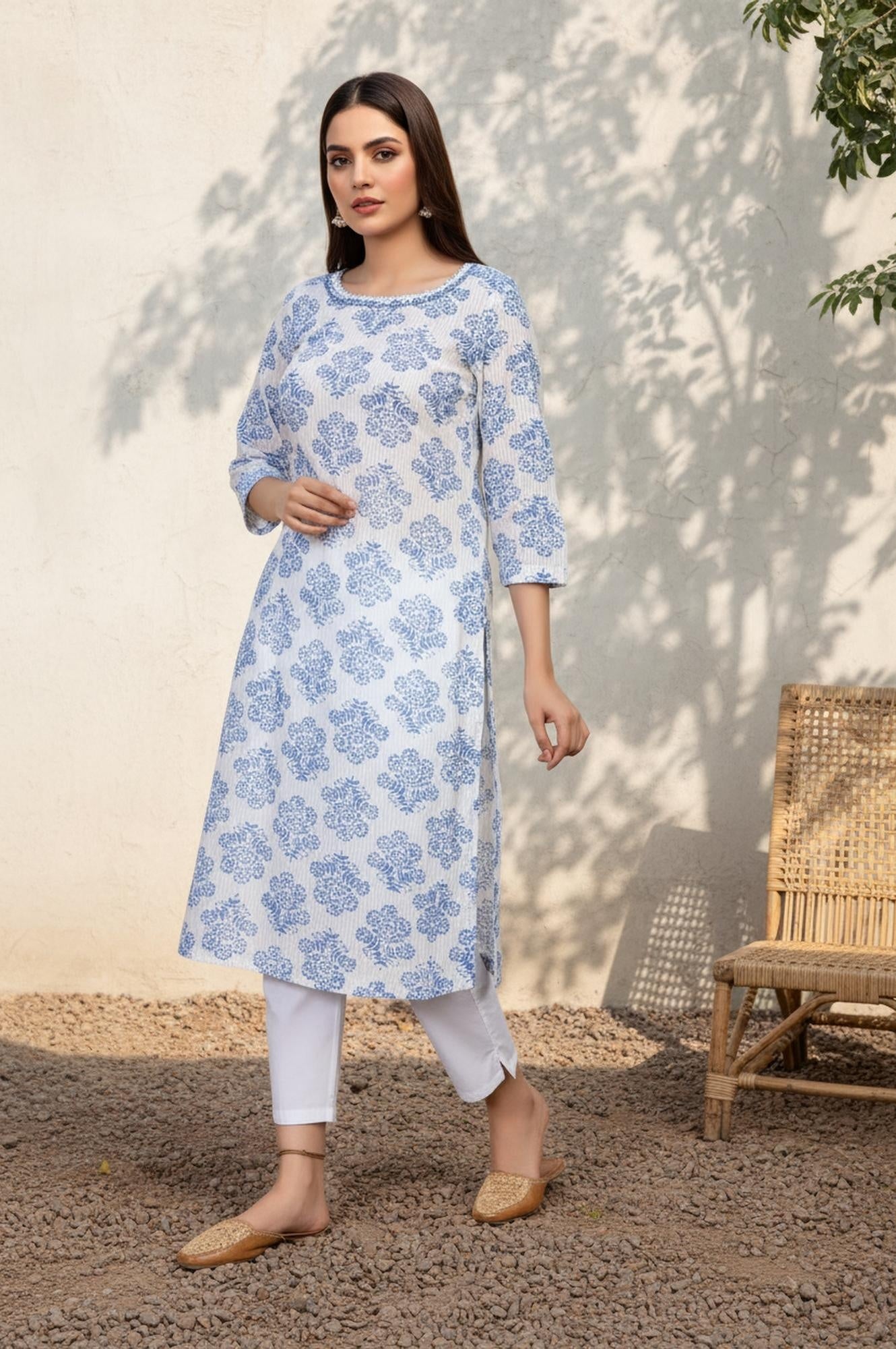 White Floral Straight Cotton Kurta