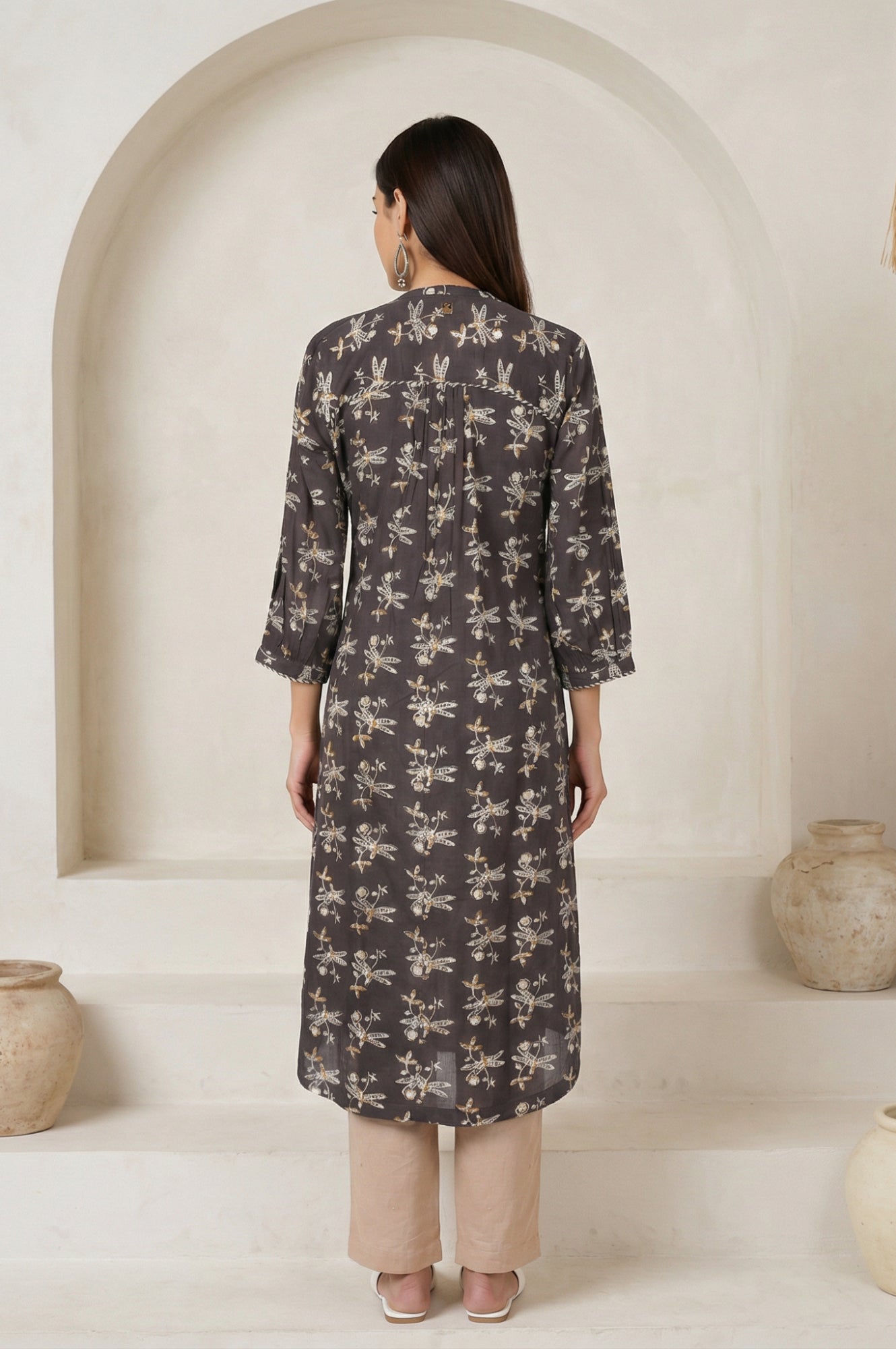 Charcoal Botanical Printed Pure Cotton Pleated Kurta