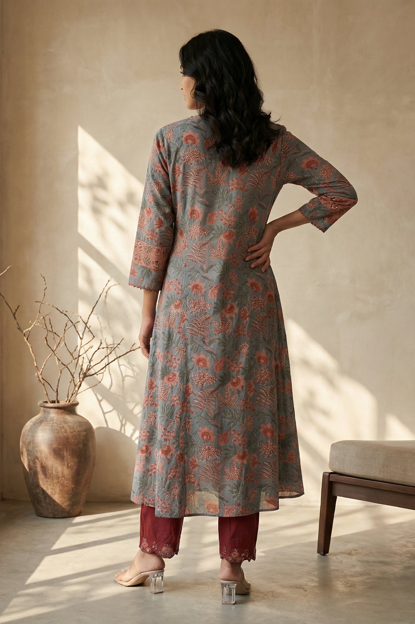 Blue Floral Printed Block Print Mirror work Pure Cotton A-line Kurta