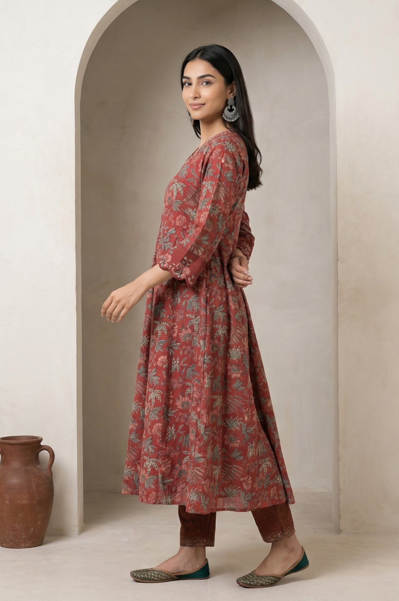Maroon Floral Printed Embroidered Pure Cotton A-line Kurta