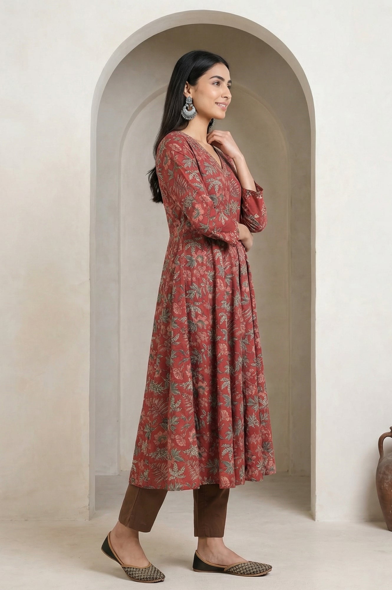 Maroon Floral Printed Embroidered Pure Cotton A-line Kurta