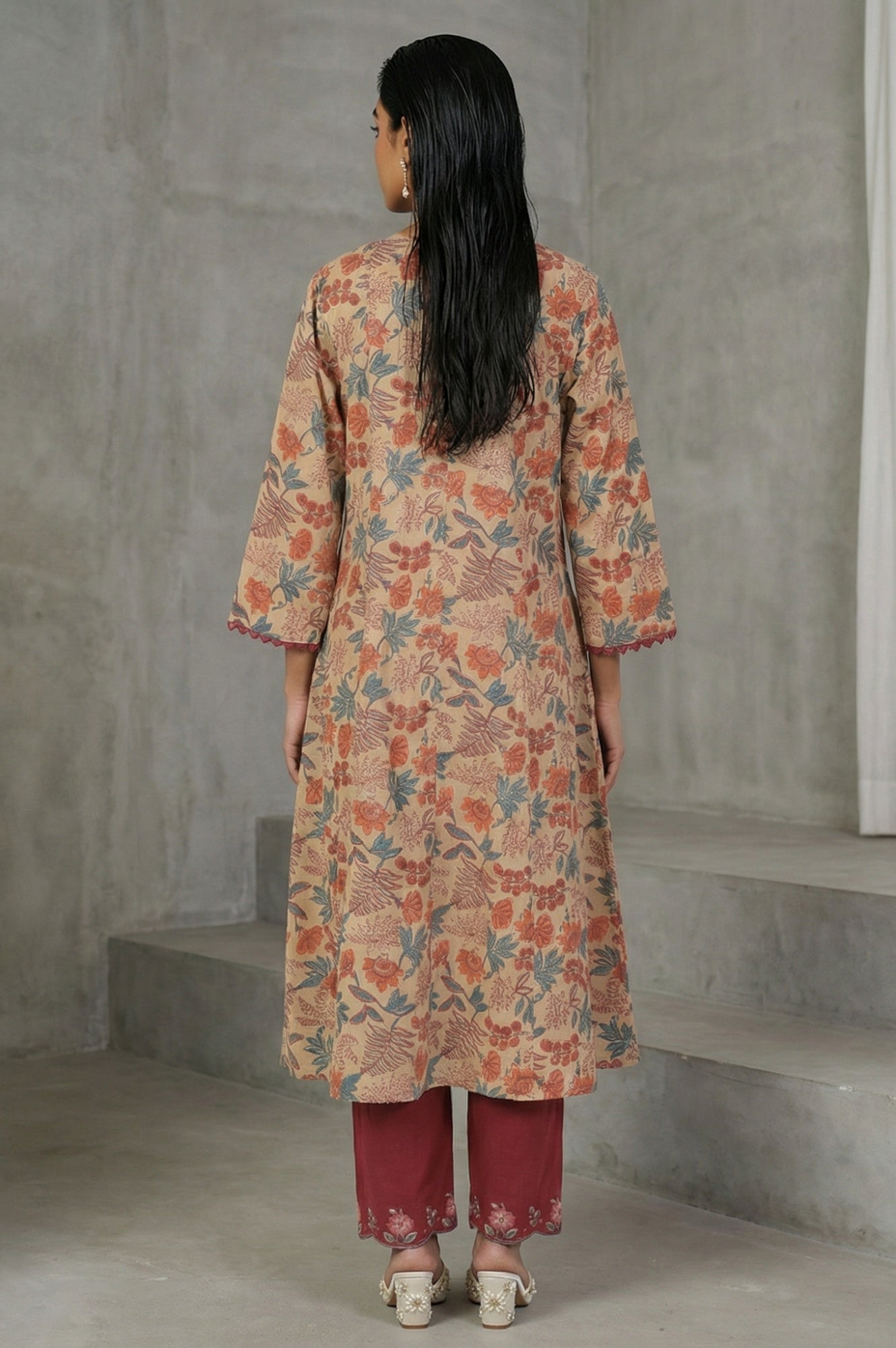 Beige Block Printed Tassel Pure Cotton A-line Kurta