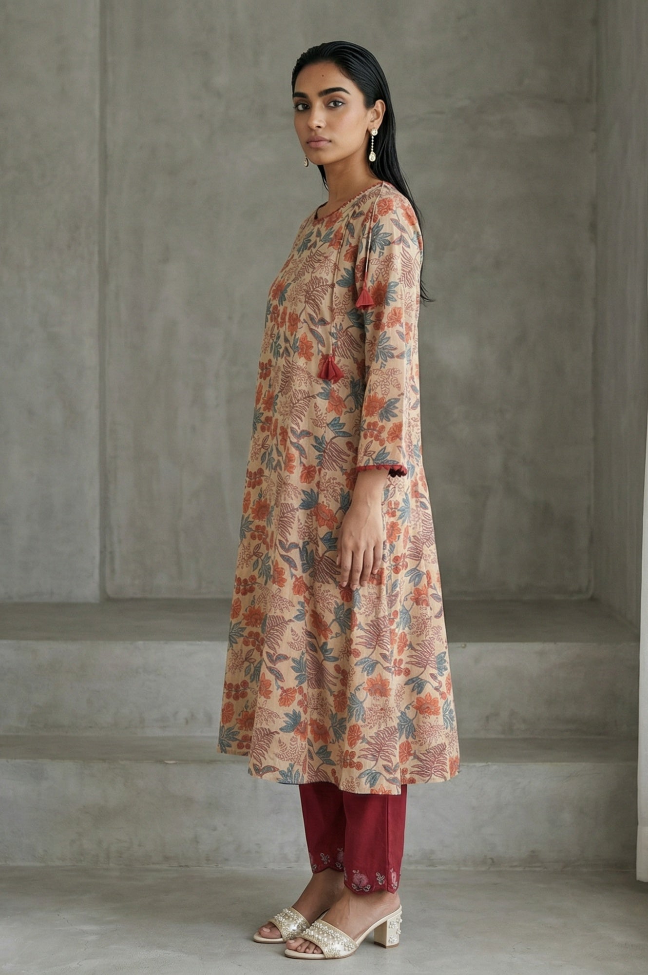 Beige Block Printed Tassel Pure Cotton A-line Kurta