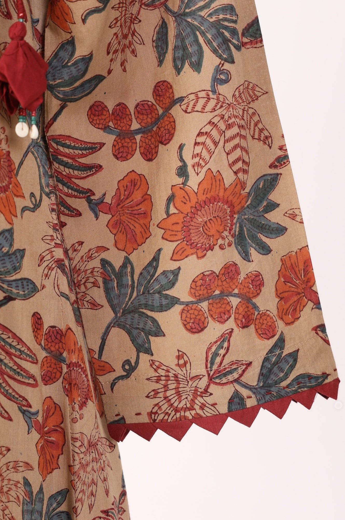 Beige Block Printed Tassel Pure Cotton A-line Kurta