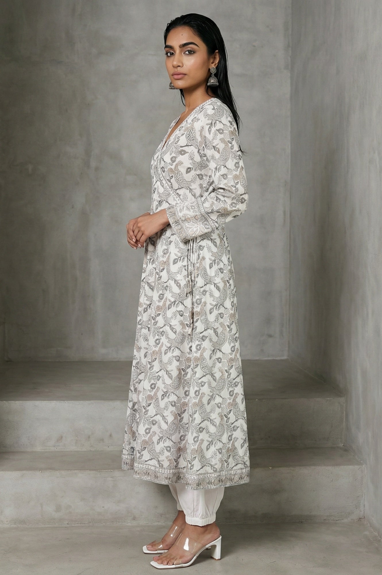 Off White Block Printed Pure Cotton Angrakha Kurta