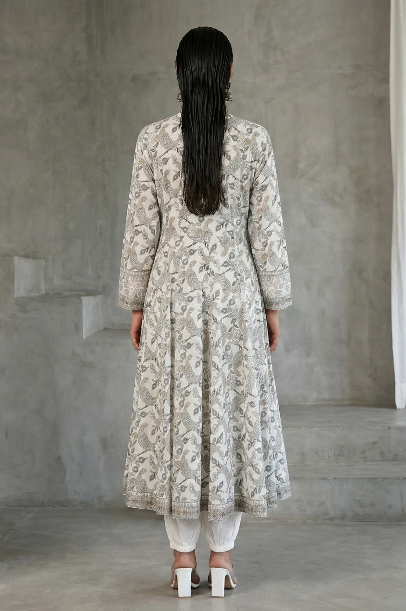 Off White Block Printed Pure Cotton Angrakha Kurta
