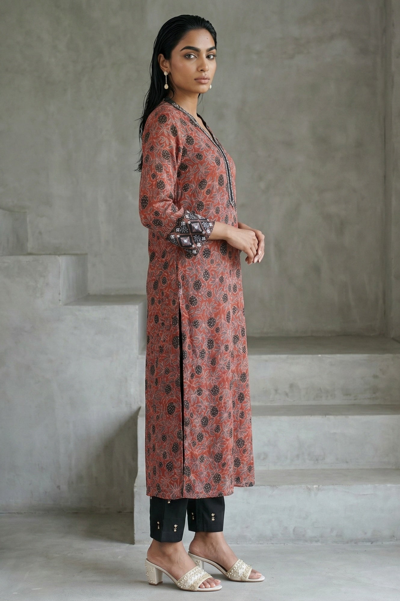 Brick Red Ajrak Printed Mirror Work Modal Satin Straight Kurta