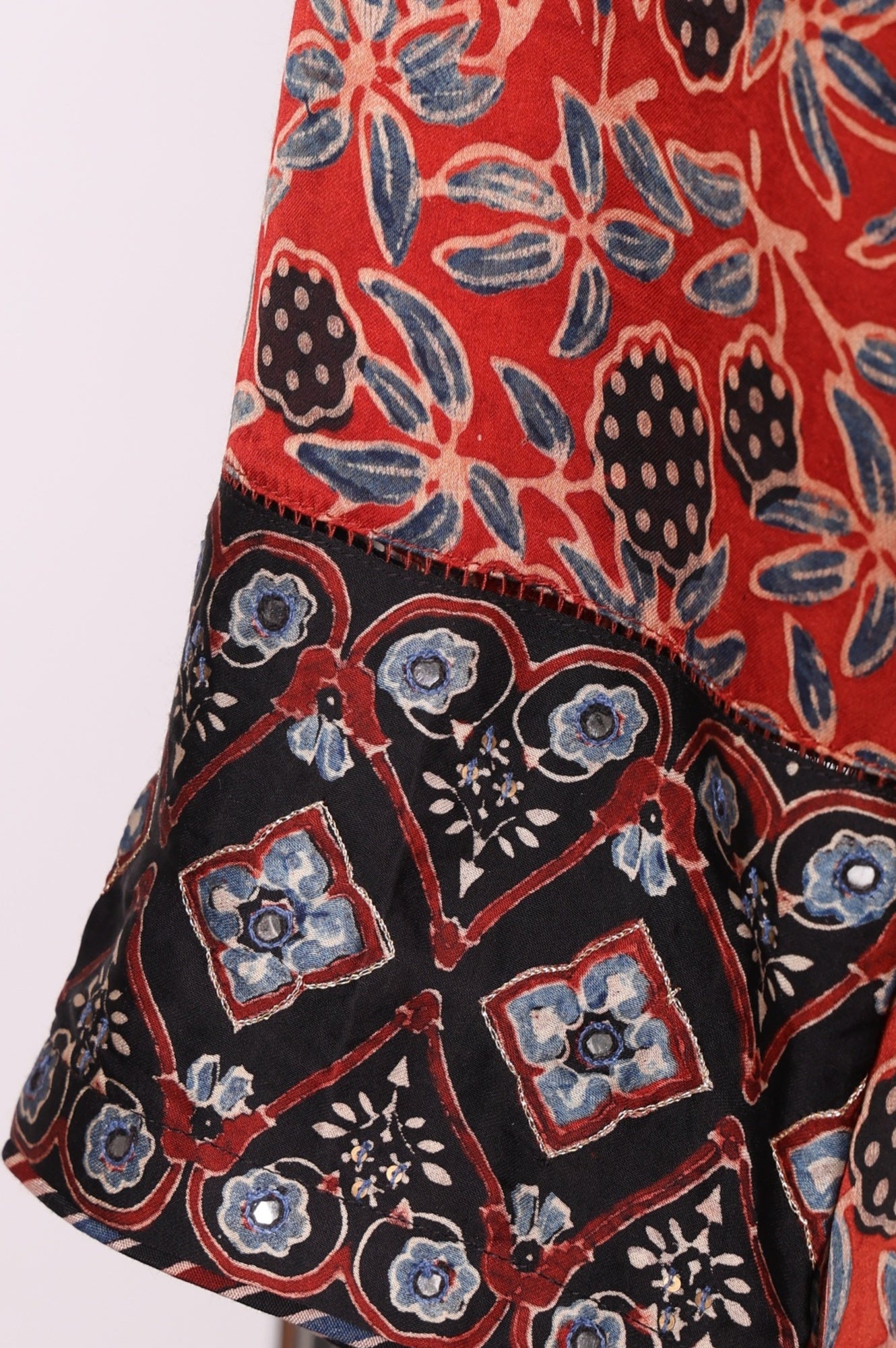 Brick Red Ajrak Printed Mirror Work Modal Satin Straight Kurta