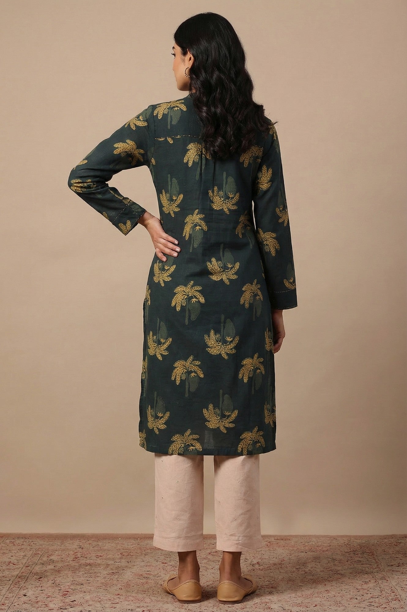 Green Botanical Printed Beadwork Pure Cotton Straight Kurta