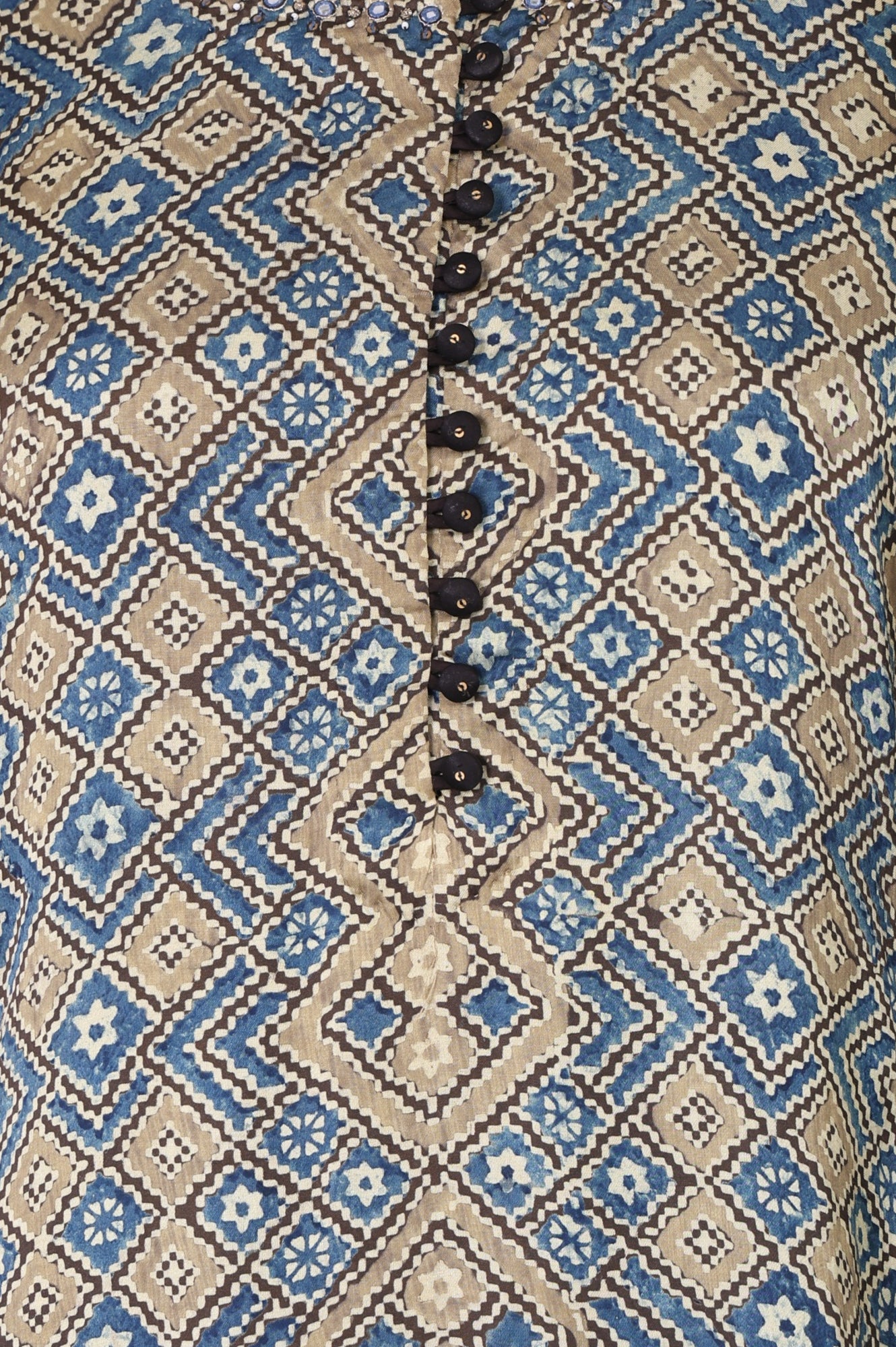 Beige Ajrak Printed Mirror Work Modal Satin Straight Kurta