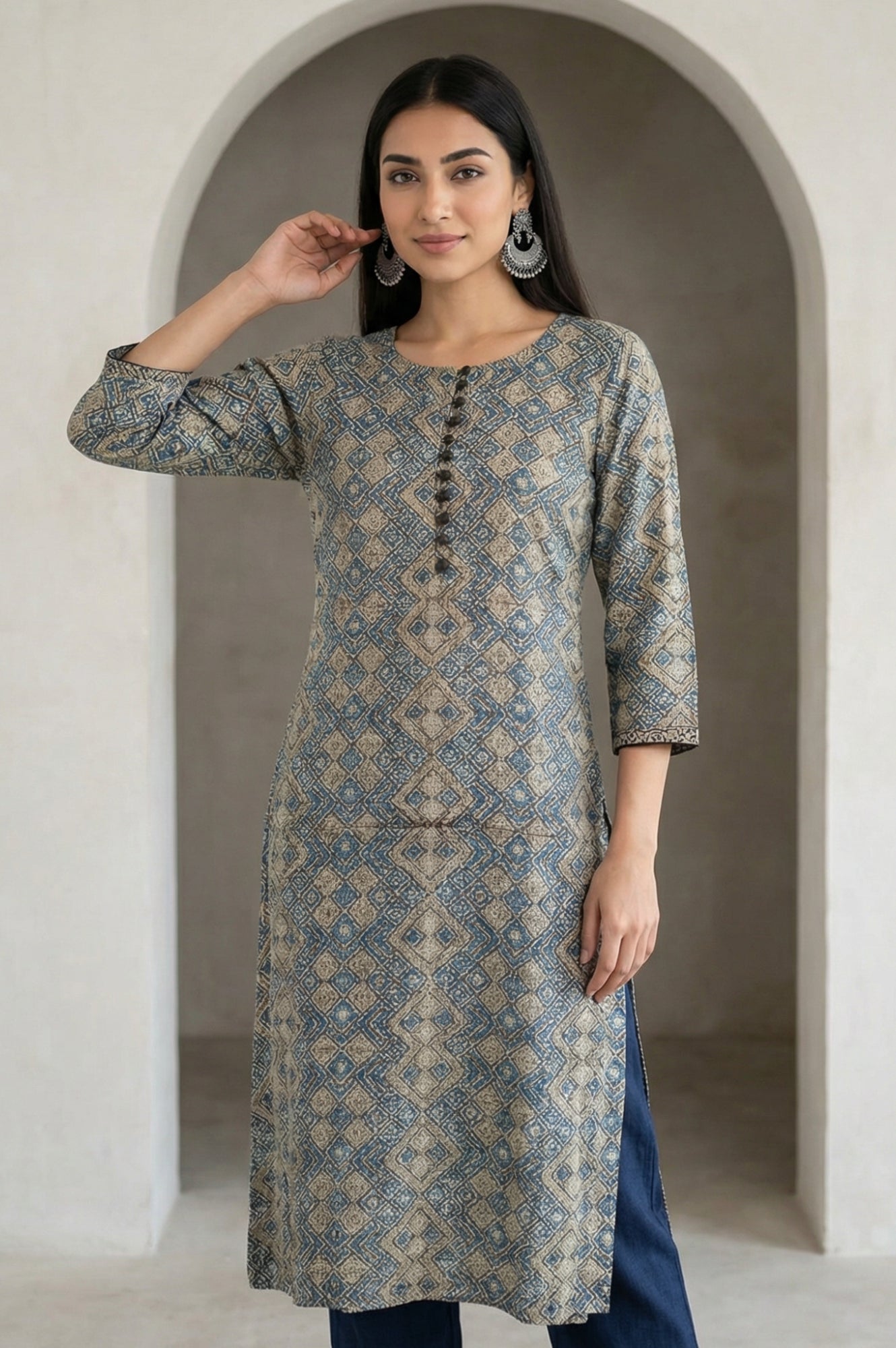 Beige Ajrak Printed Mirror Work Modal Satin Straight Kurta