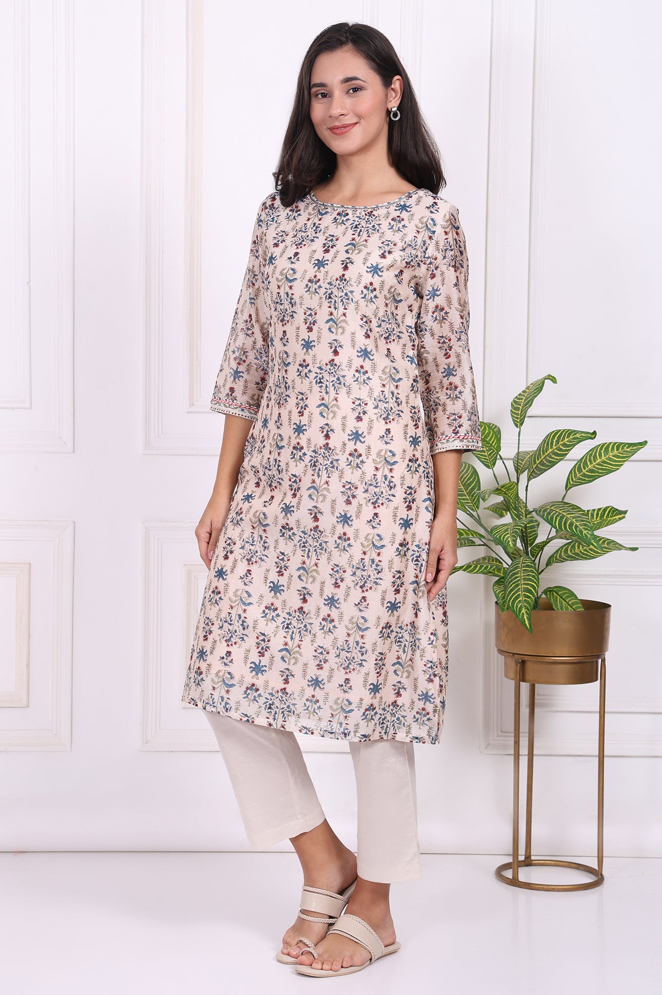 Beige Floral Printed Thread Embroidered Cotton Silk Straight Kurta