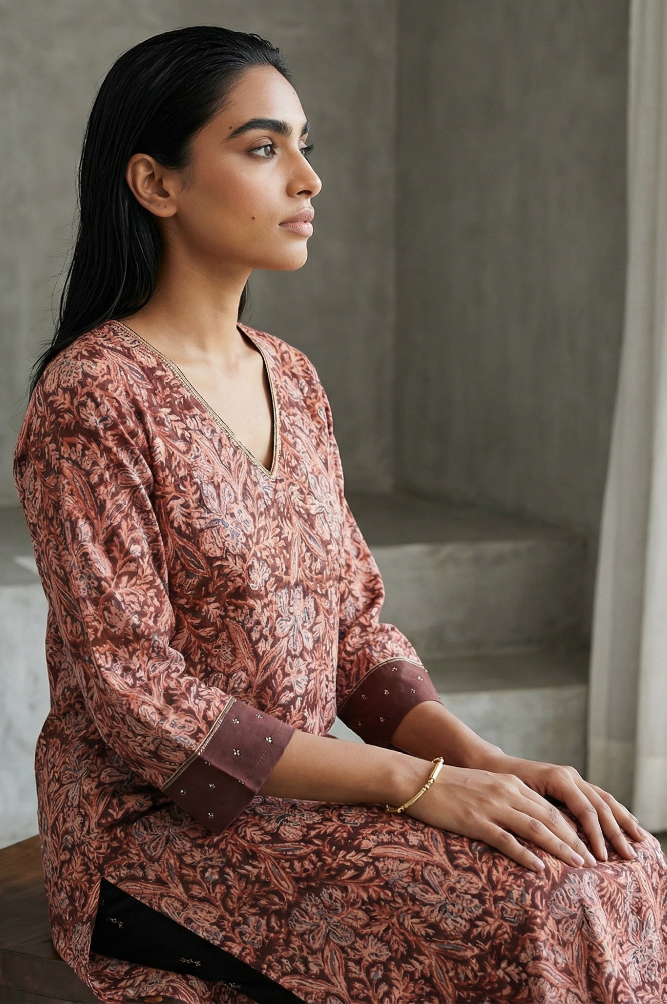 Chocolate Brown Sequins Floral Printed Pure Cotton Straight Kurta