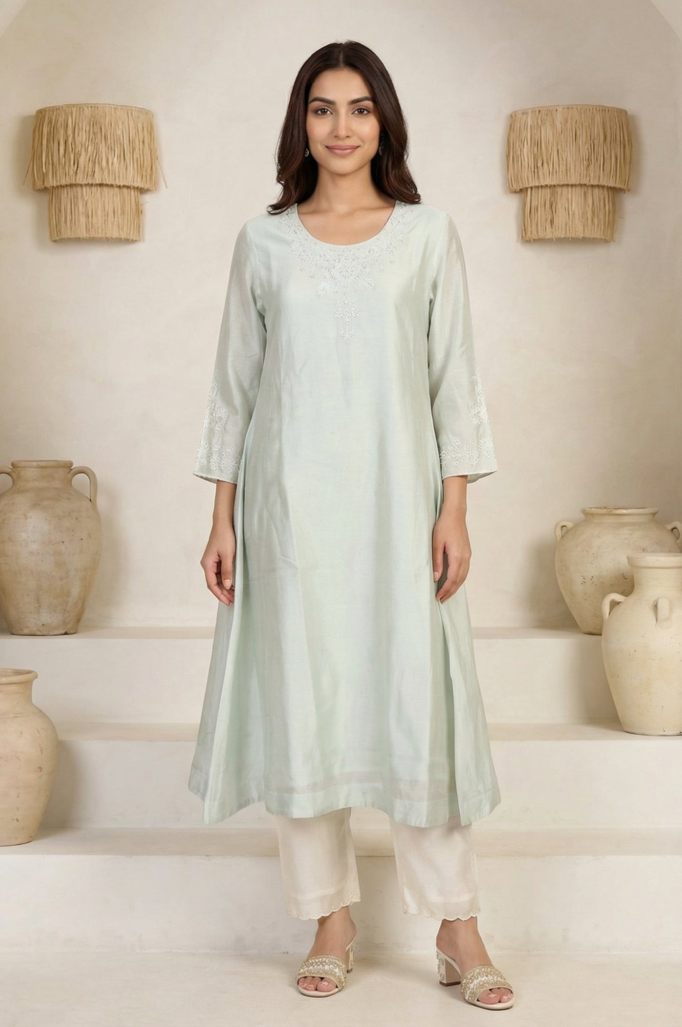 Sea Green Embroidered Pearl Work Cotton Blend A-line Kurta