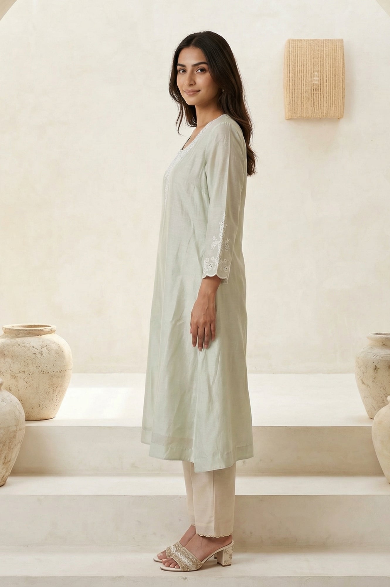 Sea Green Embroidered Pearl Work Cotton Blend A-line Kurta