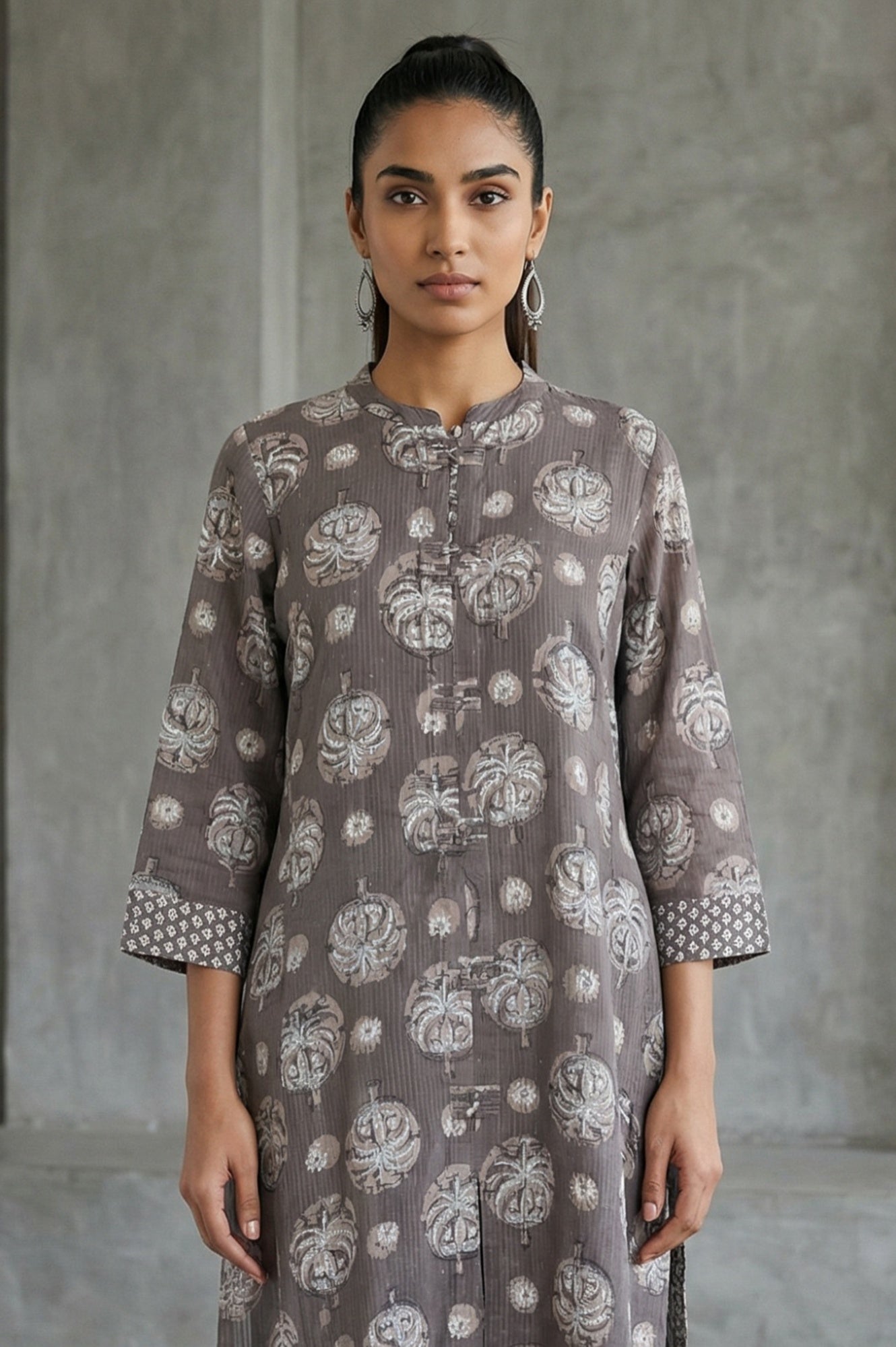 Clay Grey Botanical Block Printed Pure Cotton Straight Kurta