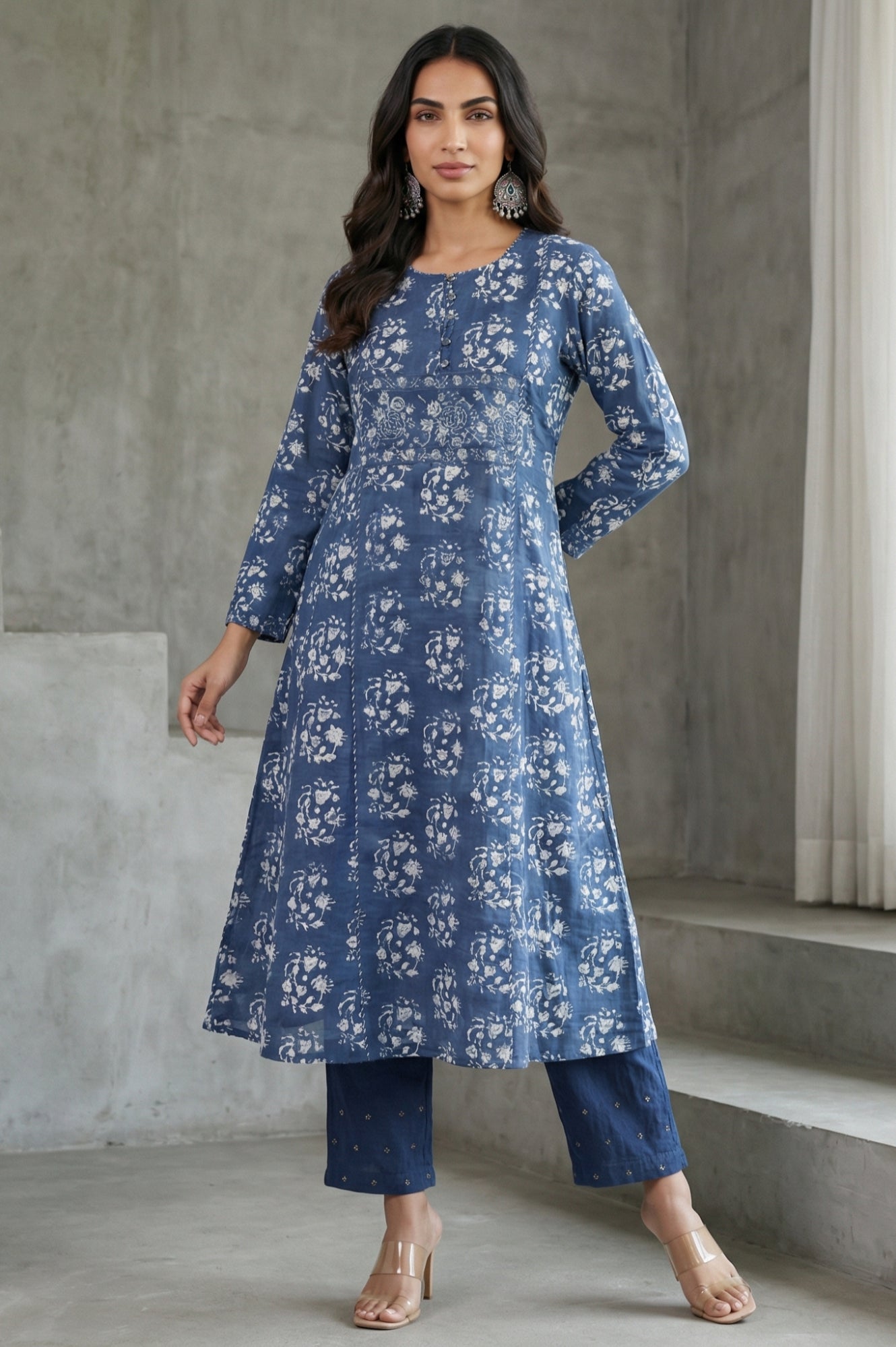 Indigo Block Printed Sequin Pure Cotton Flared Kurta