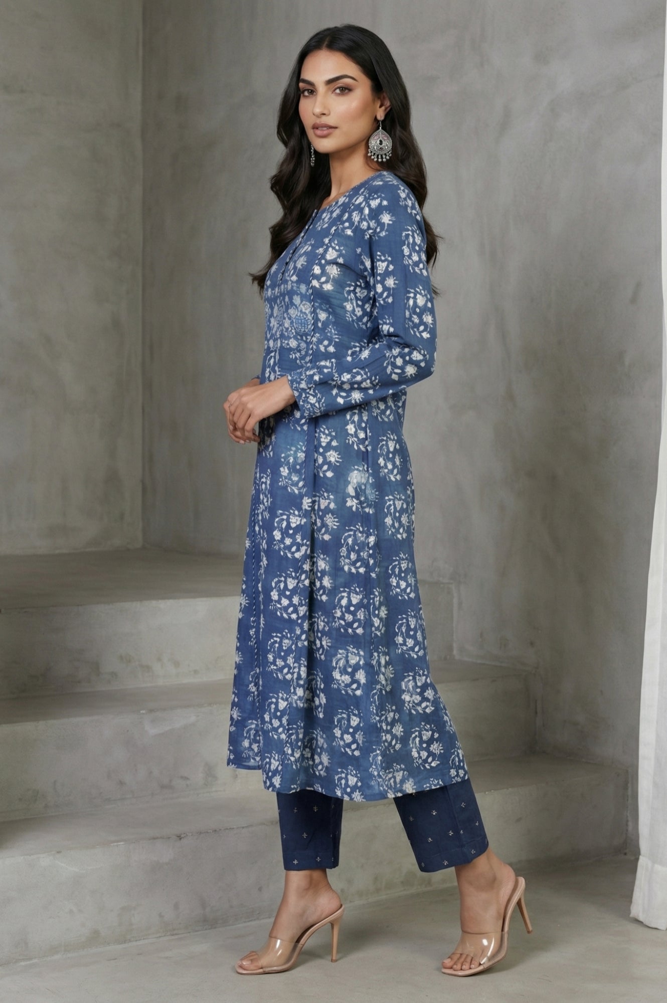 Indigo Block Printed Sequin Pure Cotton Flared Kurta