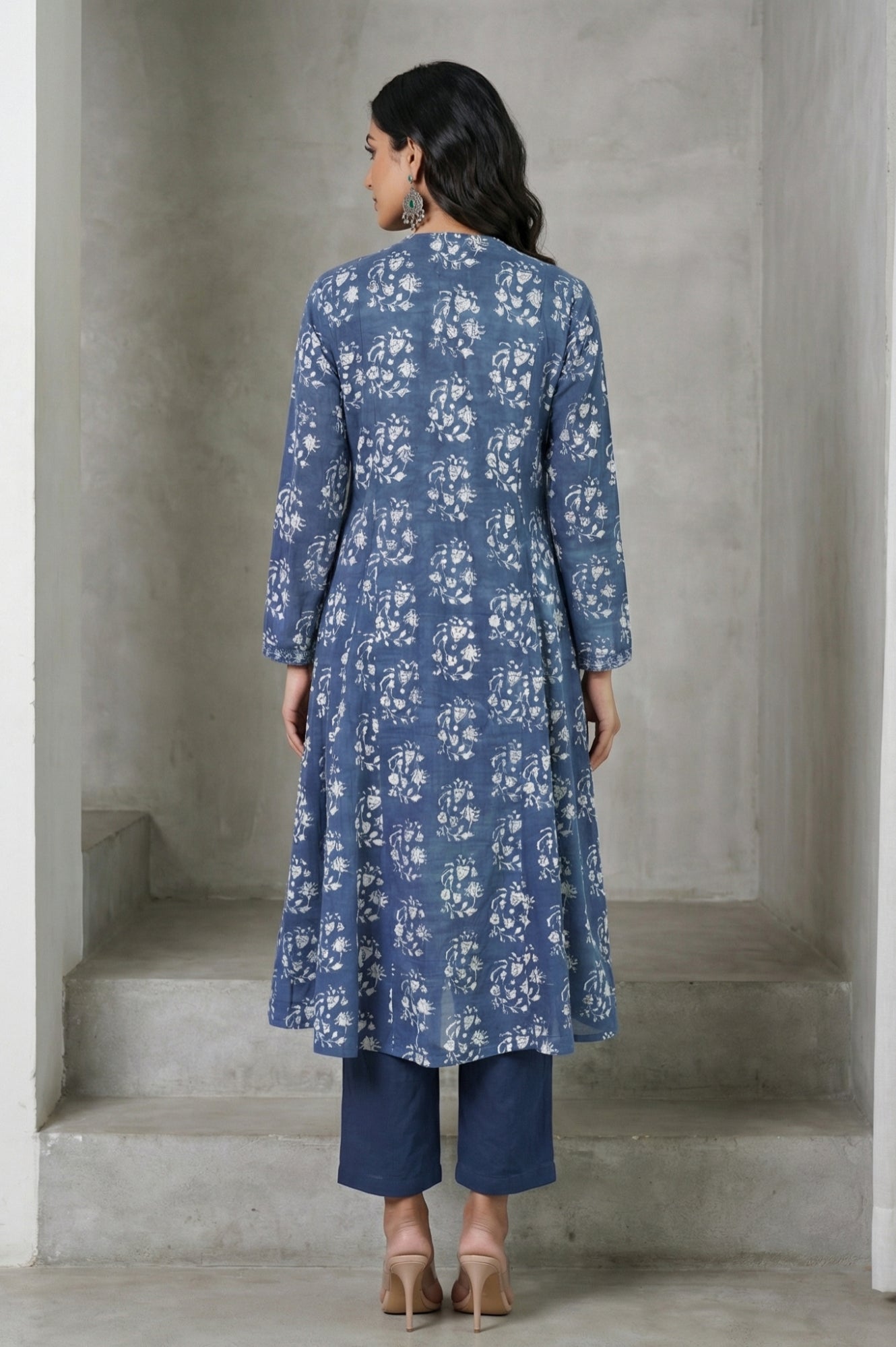 Indigo Block Printed Sequin Pure Cotton Flared Kurta