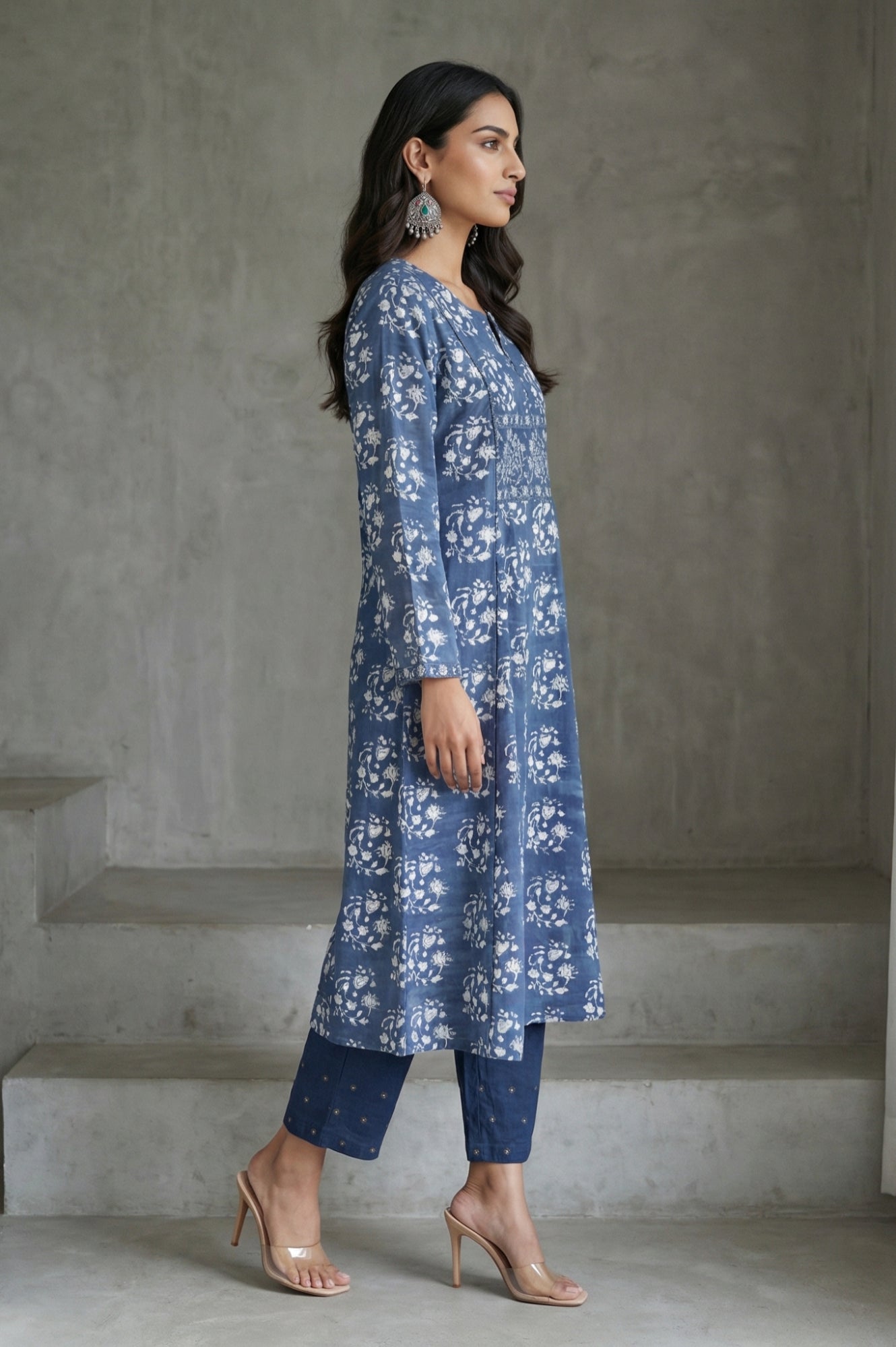 Indigo Block Printed Sequin Pure Cotton Flared Kurta