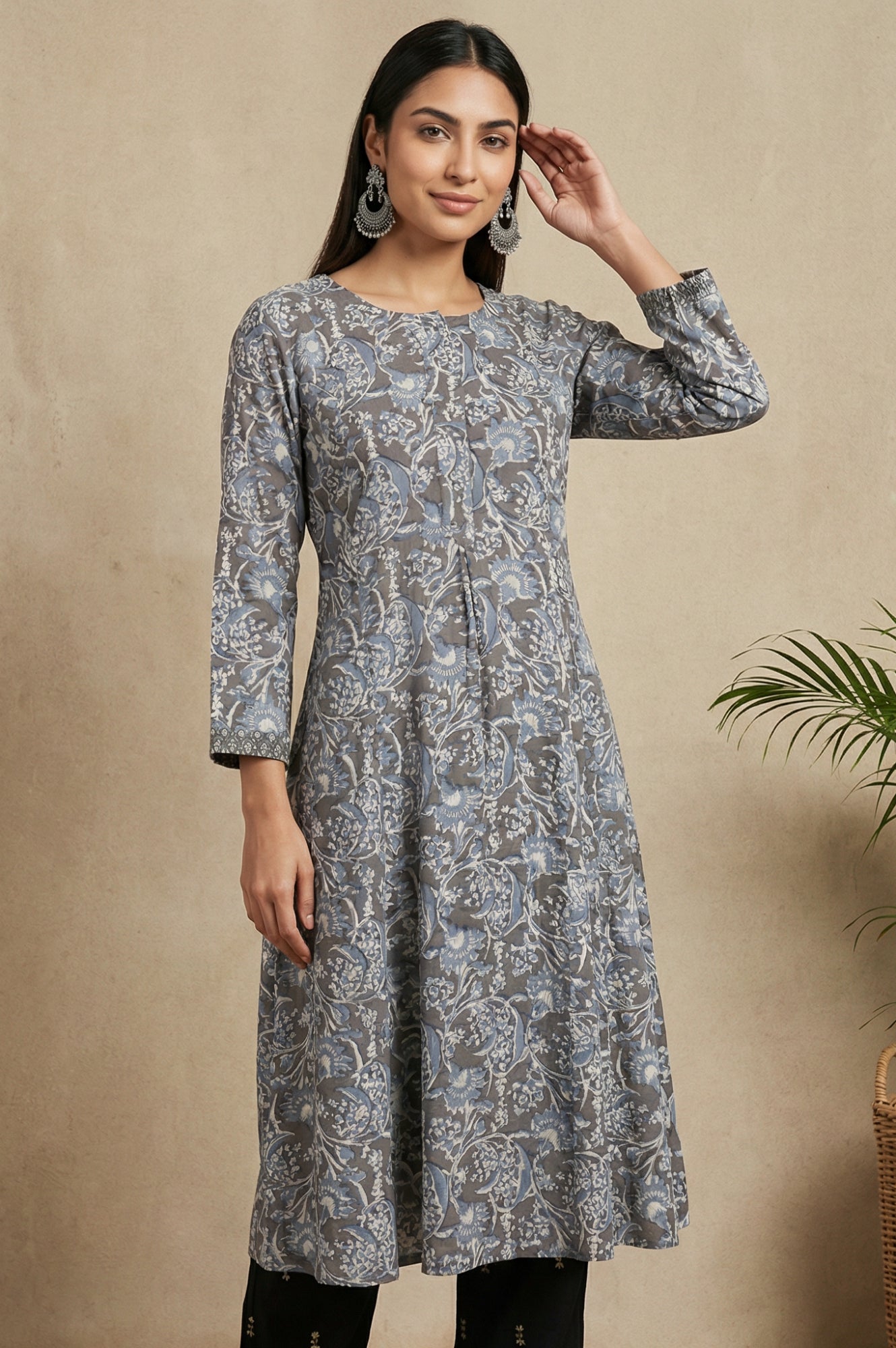 Grey Beadwork Block Printed Rayon Flared Kurta
