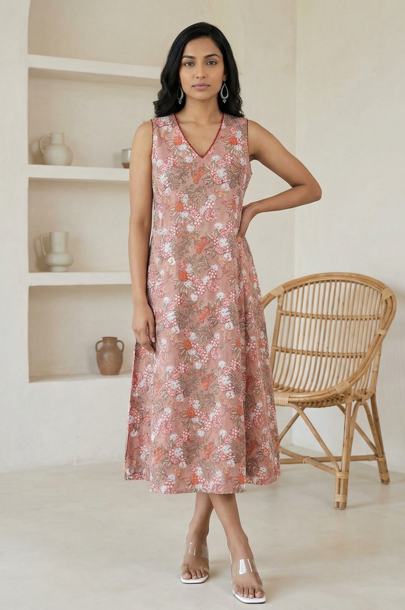Peach Block Printed Pure Cotton A-line Dress