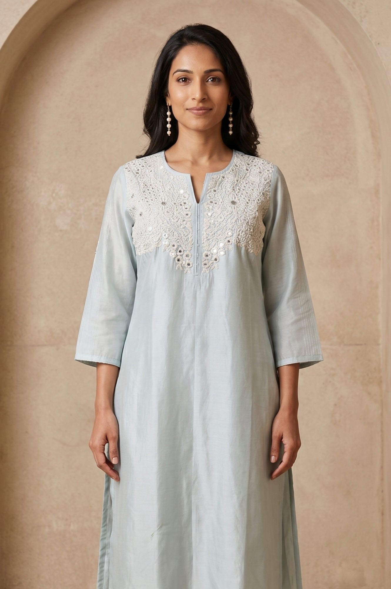 Blue Embroidered Cotton Silk Straight Kurta