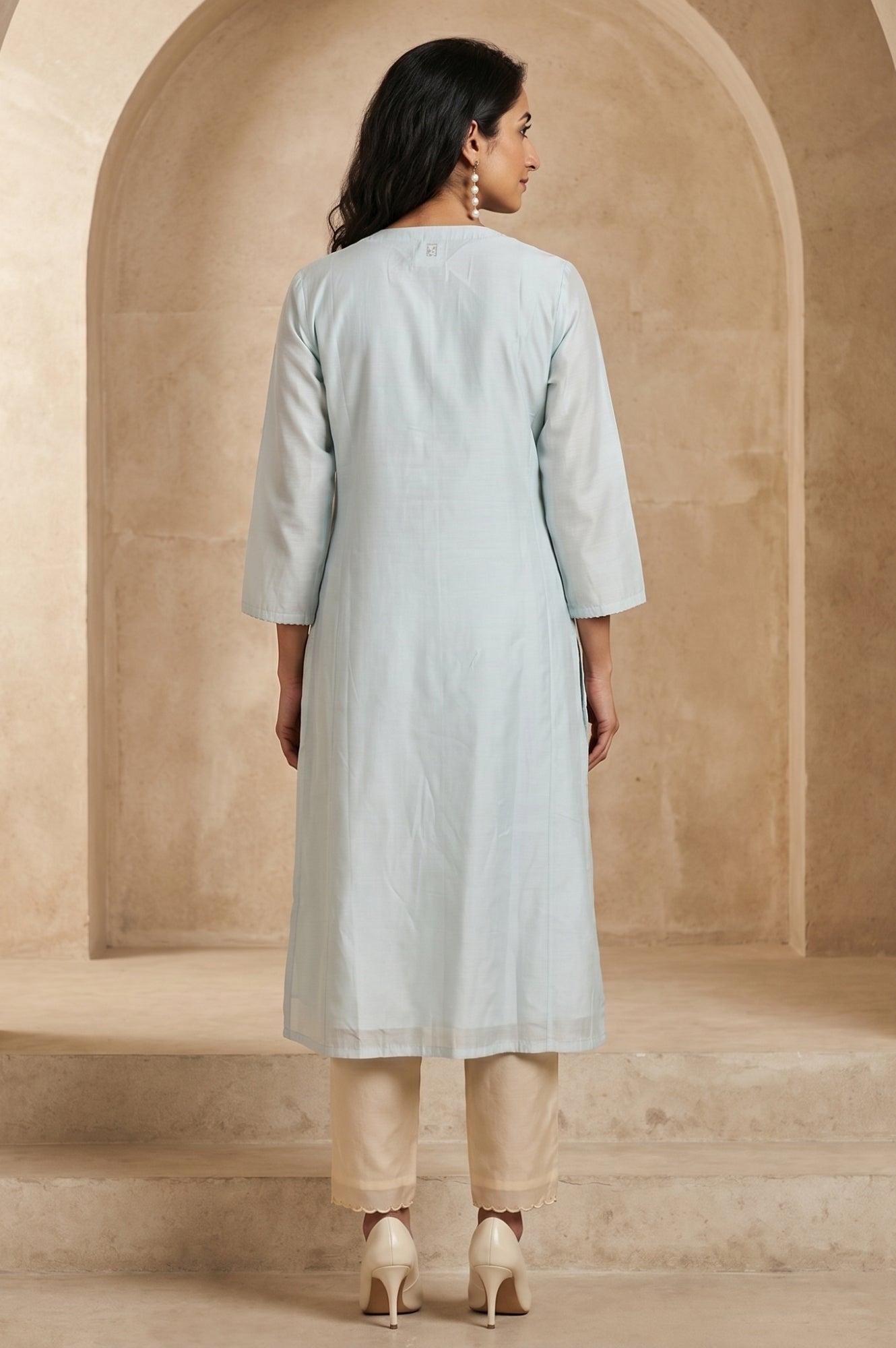 Blue Embroidered Cotton Silk Straight Kurta