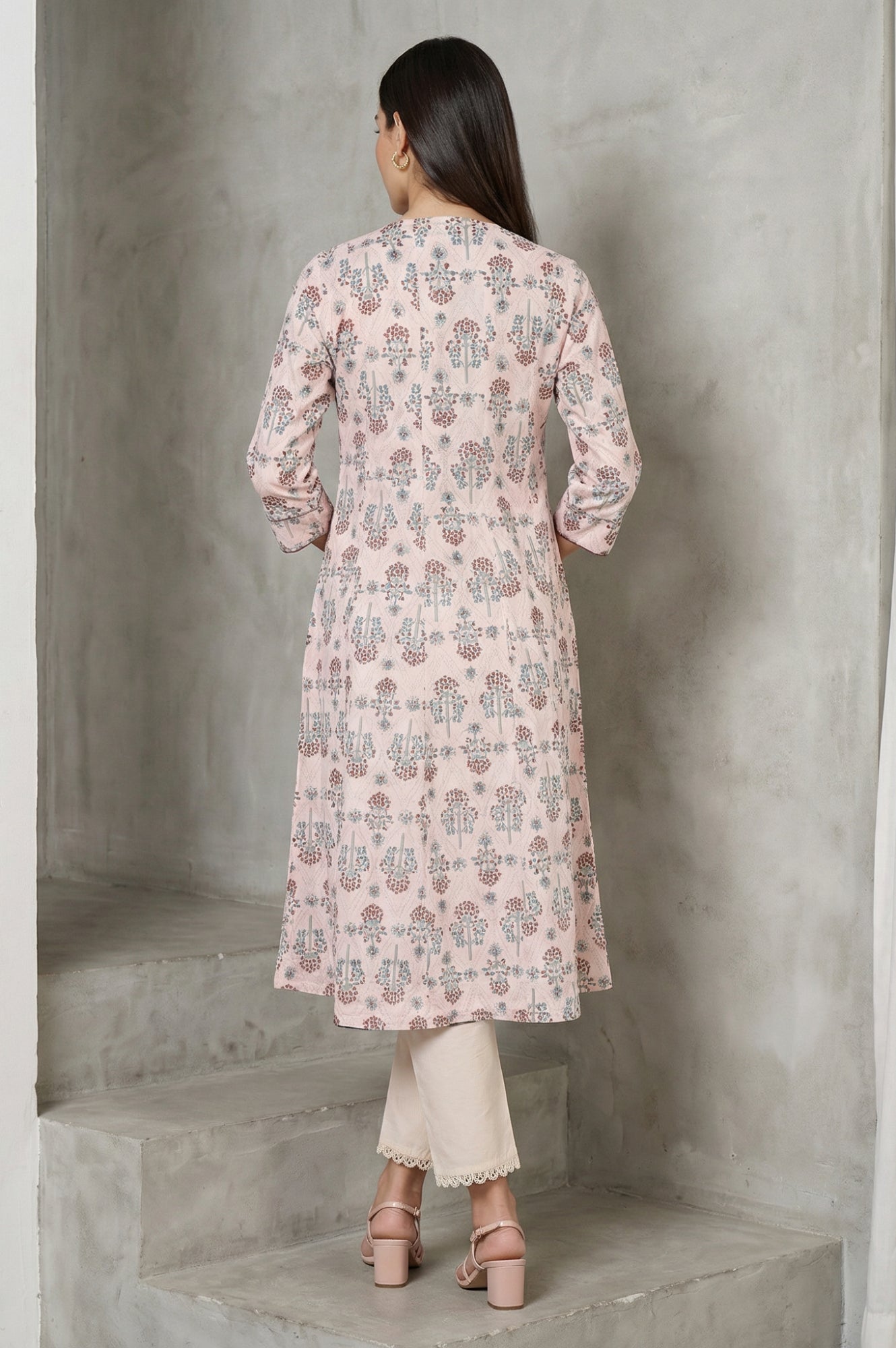 Light Pink Floral Printed Sequins Pure Cotton A-line Kurta