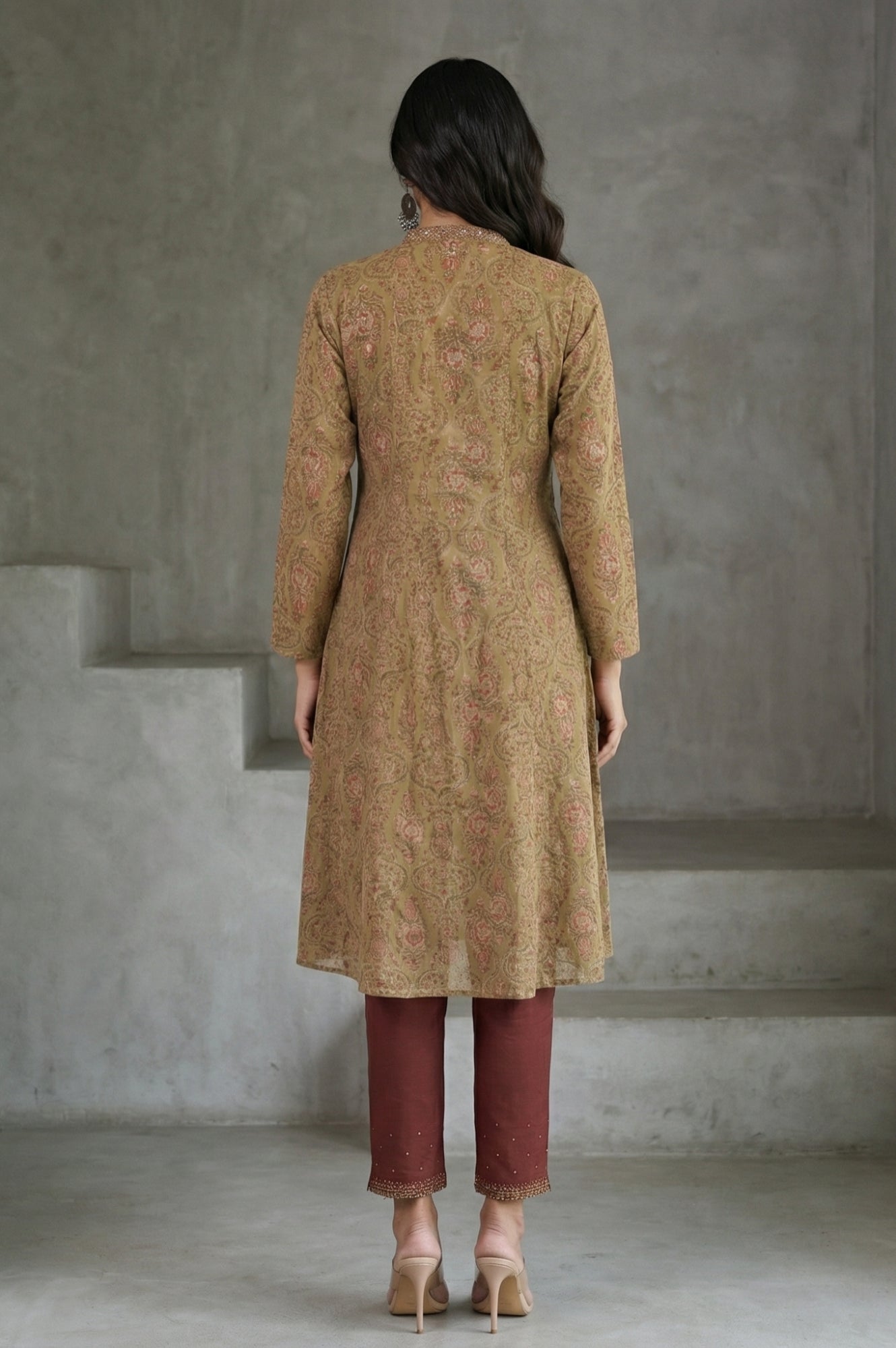 Green Block Printed Pure Cotton Flared Kurta