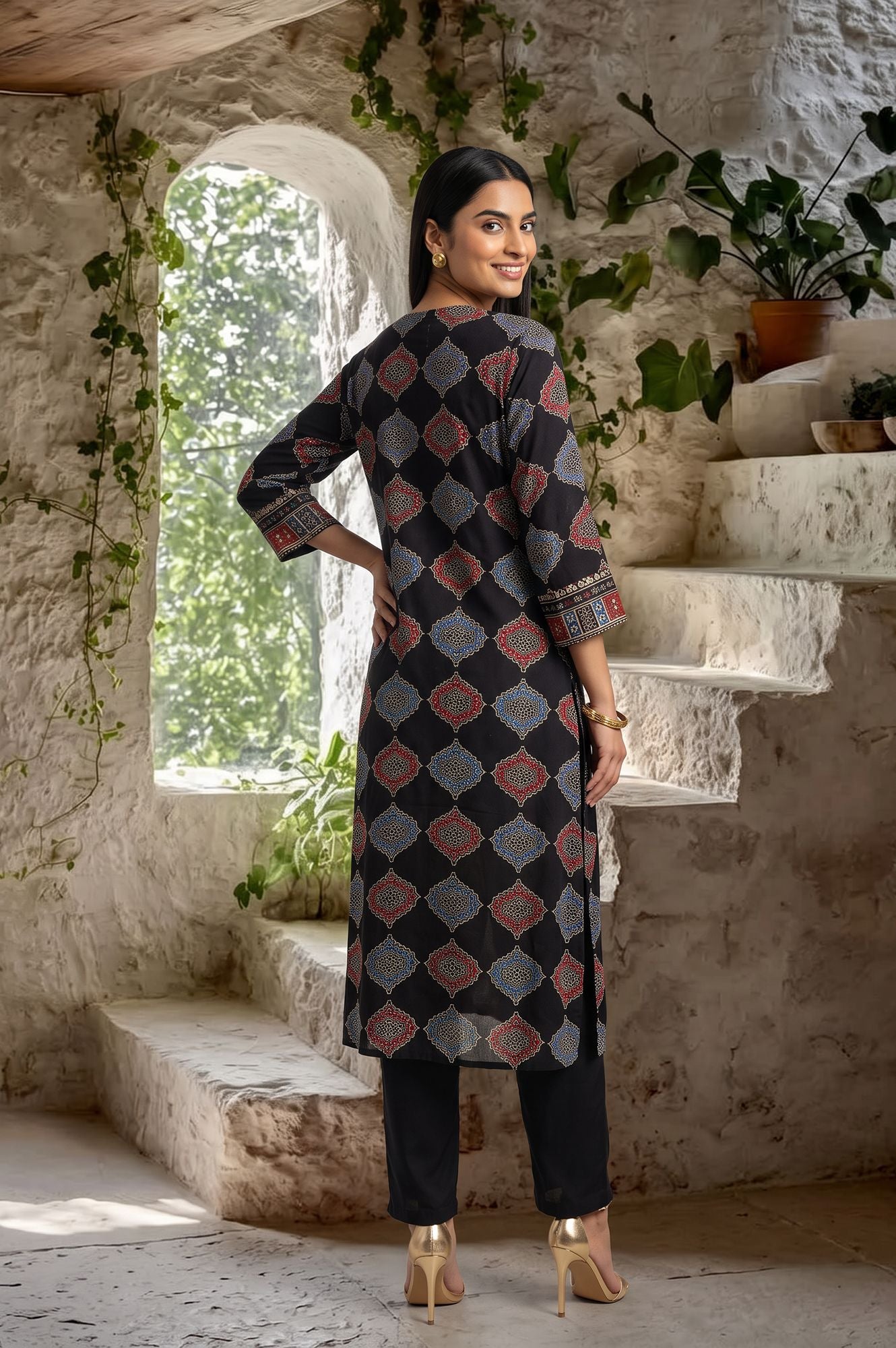 Black Geometric Printed Mirror Work Modal Satin Straight Kurta