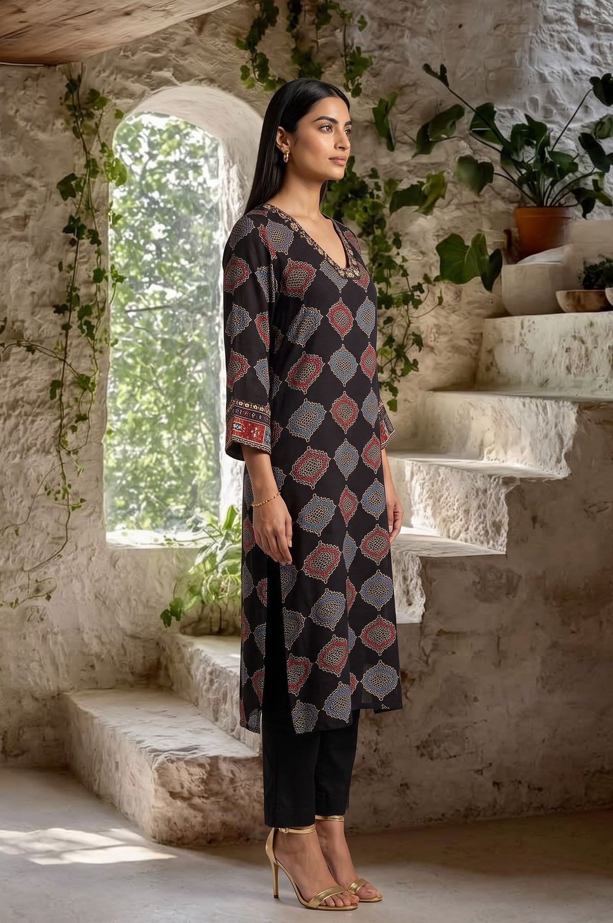 Black Geometric Printed Mirror Work Modal Satin Straight Kurta