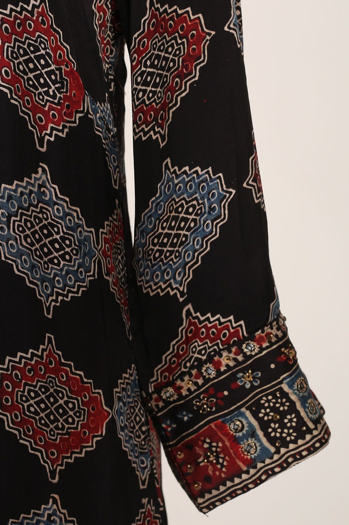 Black Geometric Printed Mirror Work Modal Satin Straight Kurta