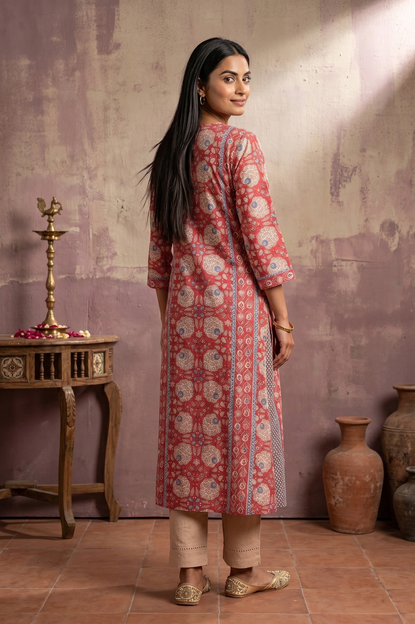 Coral Block Printed Pure Cotton A-line Kurta