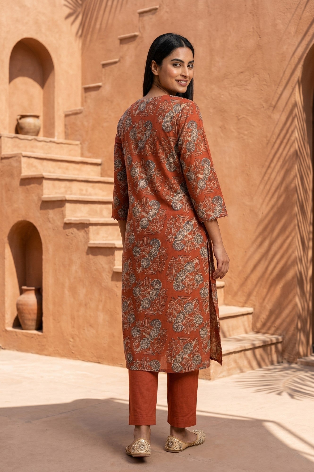 Rust Block Printed Pure Cotton Straight Kurta