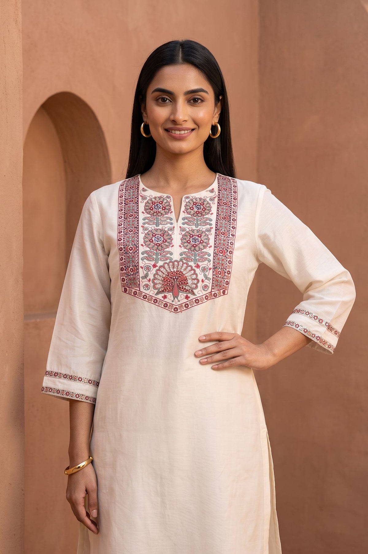 Off White Embroidered Cotton Silk Straight Kurta