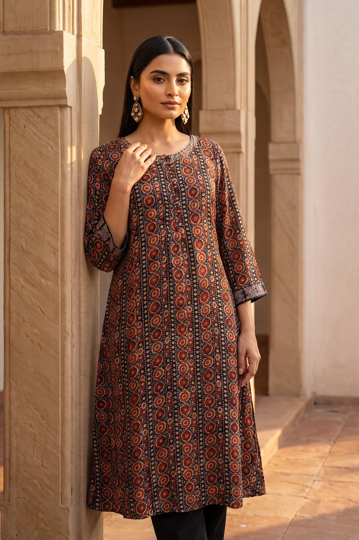 Black Ajrak Printed Embroidered Modal A-line Kurta