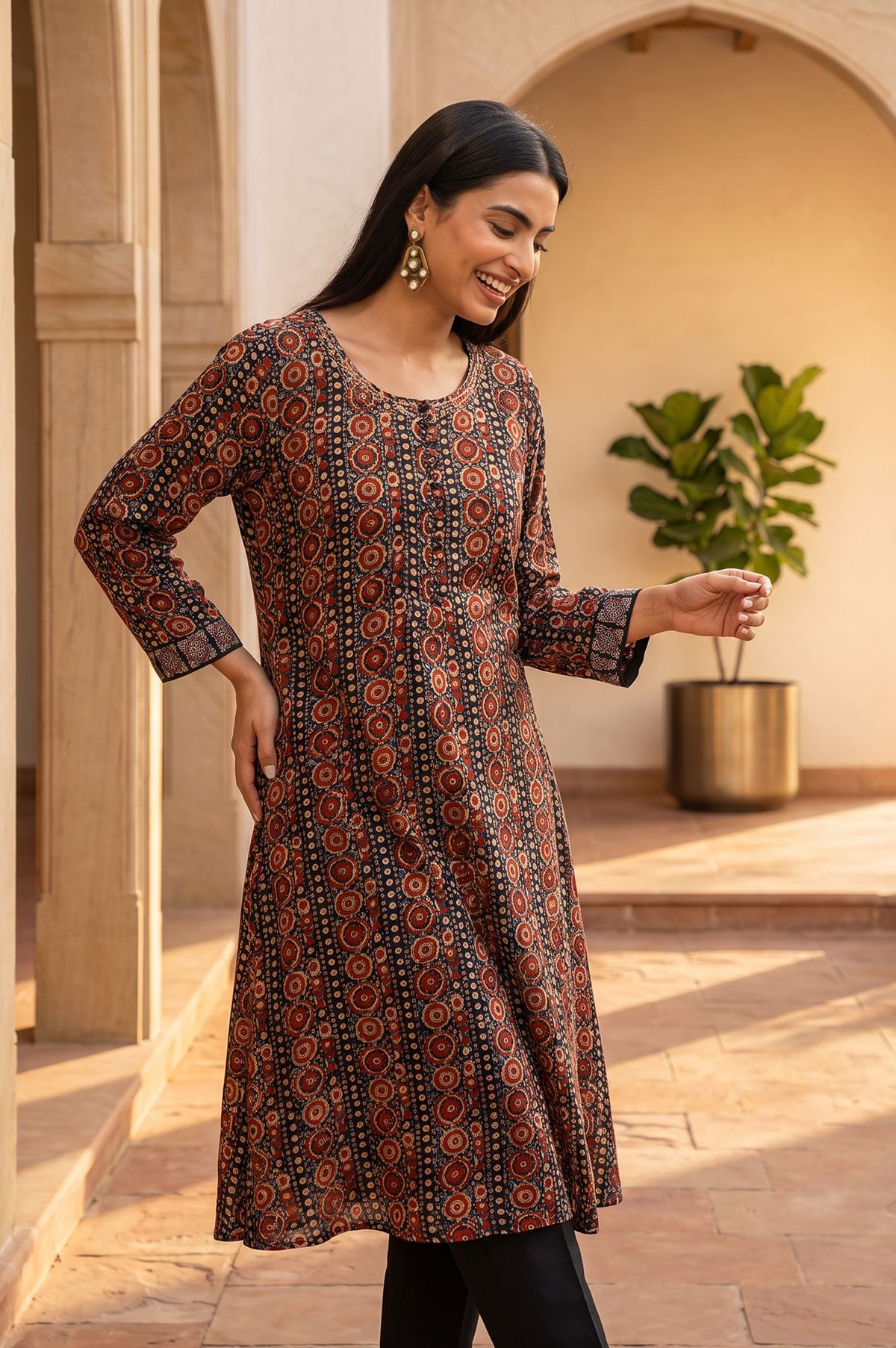 Black Ajrak Printed Embroidered Modal A-line Kurta