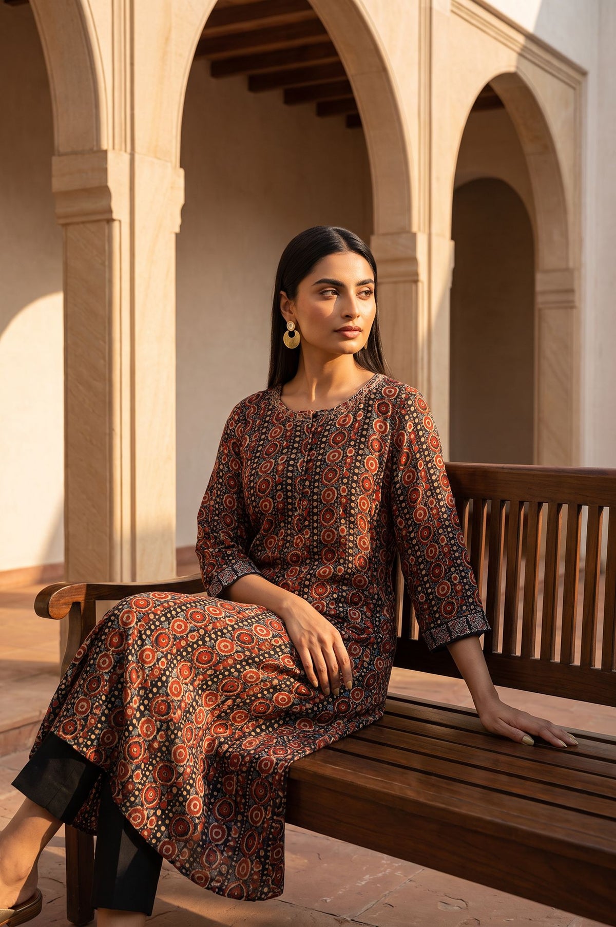 Black Ajrak Printed Embroidered Modal A-line Kurta