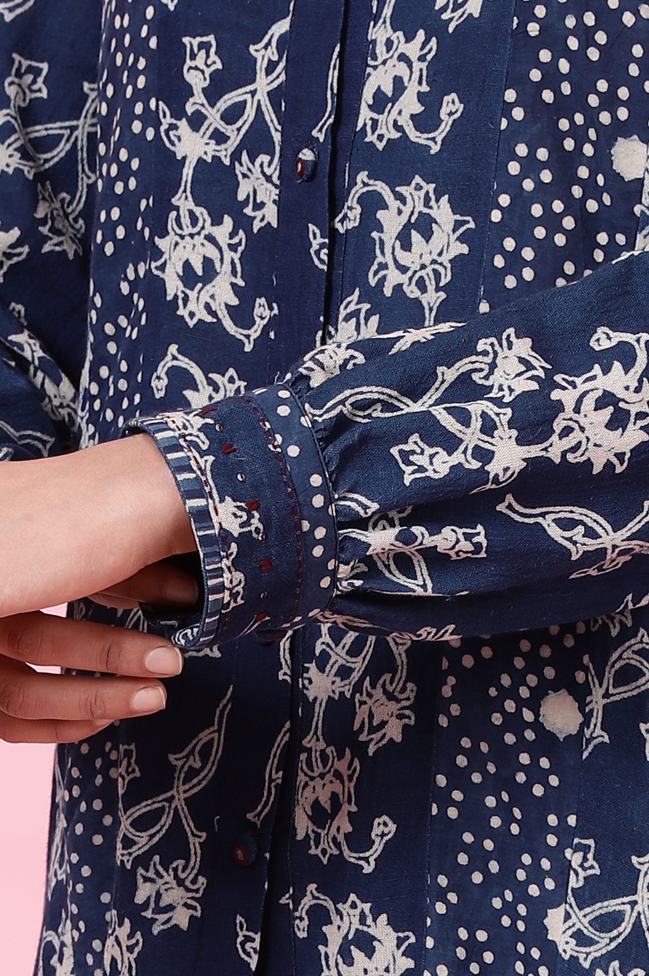 Indigo Dabu Printed Shirt In Cotton Slub