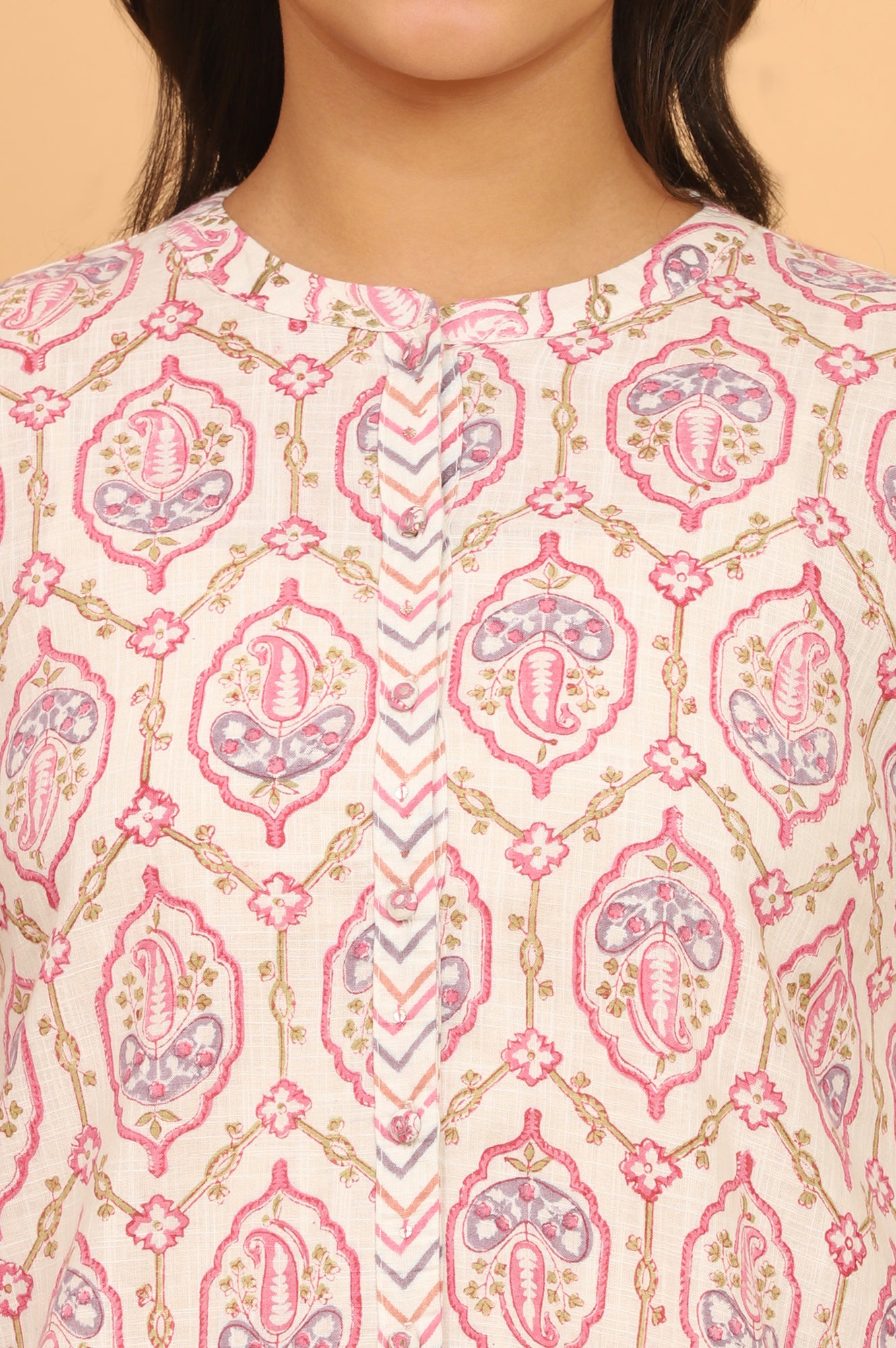 Pink and White Handblock Printed Shirt