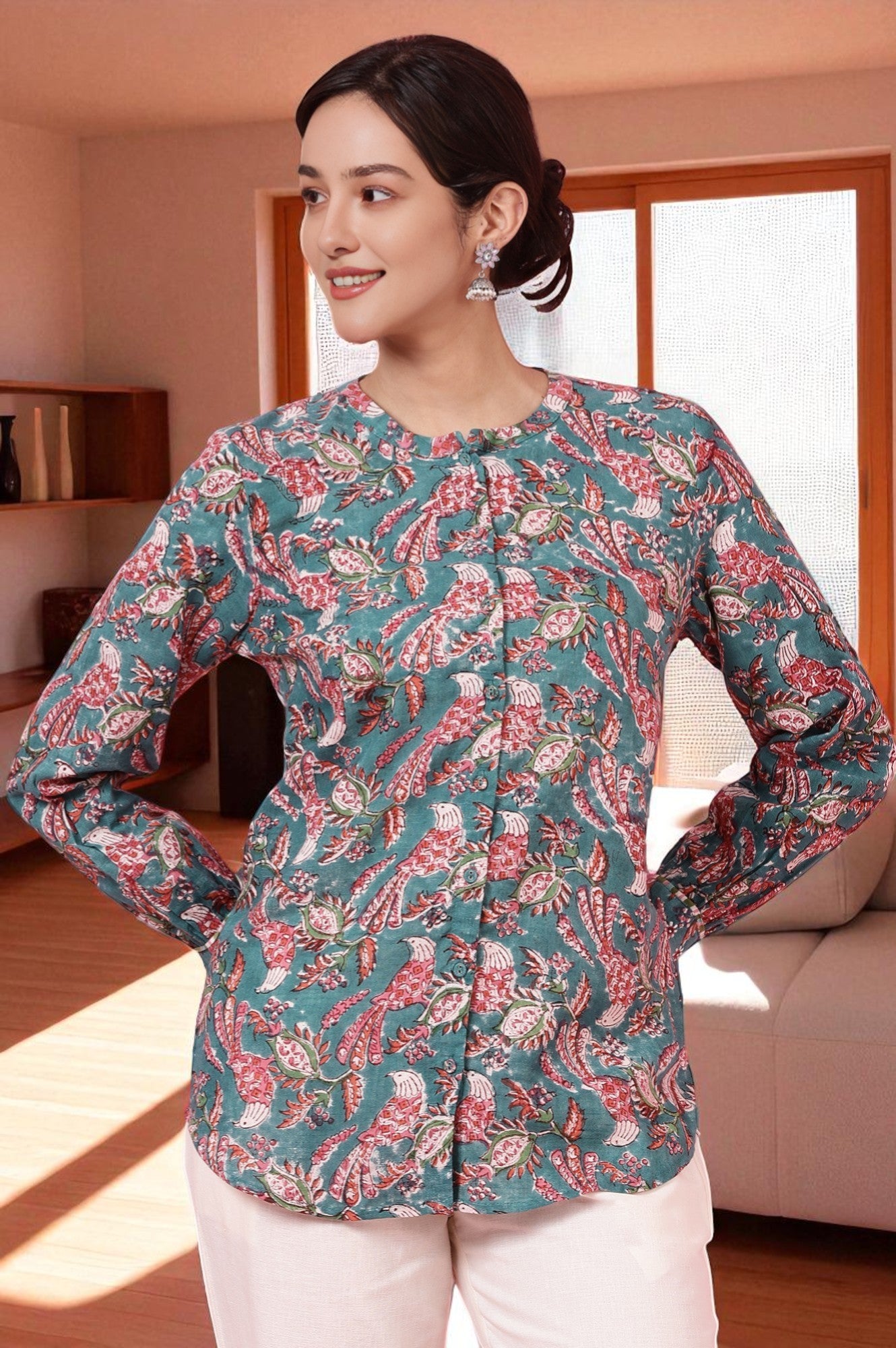 Teal Handblock Printed Shirt